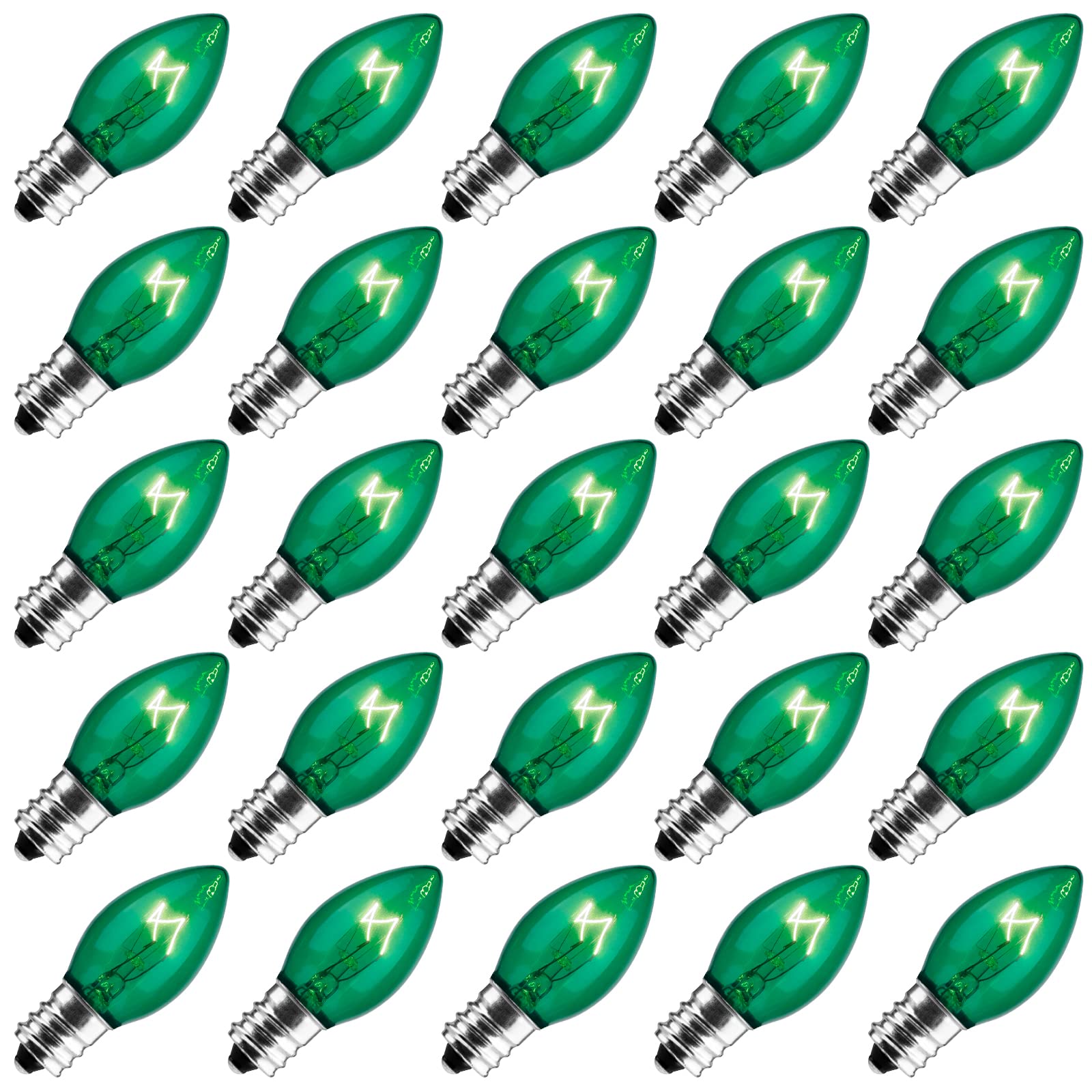 Brightown 50 Pack C9 Incandescent Bulb Green, C9 Christmas Replacement Light Bulb for Christmas String Light, E17 Intermediate Base, 7 Watt, Green