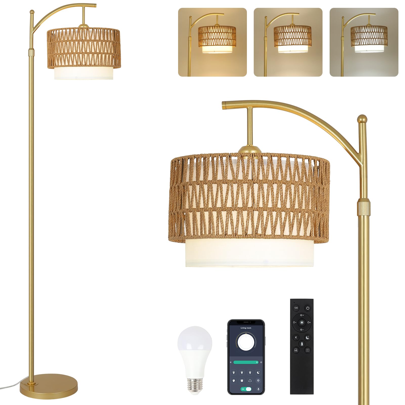 Gold Floor Lamps for Living Room with Remote & Dimmable LED Bulb, Modern Arc Floor Lamp with 3 Color Temperatures, Boho Standing