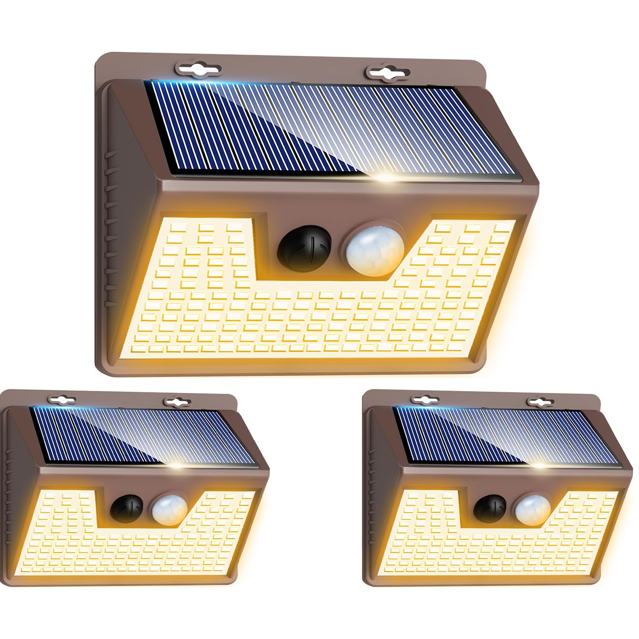 Peasur Solar Lights Outdoor Motion Sensor Waterproof  3Pack 140LED Brown Solar Powered Fence Light  3 Modes Security Wall Lights for Garden Yard Outside(Warm White)