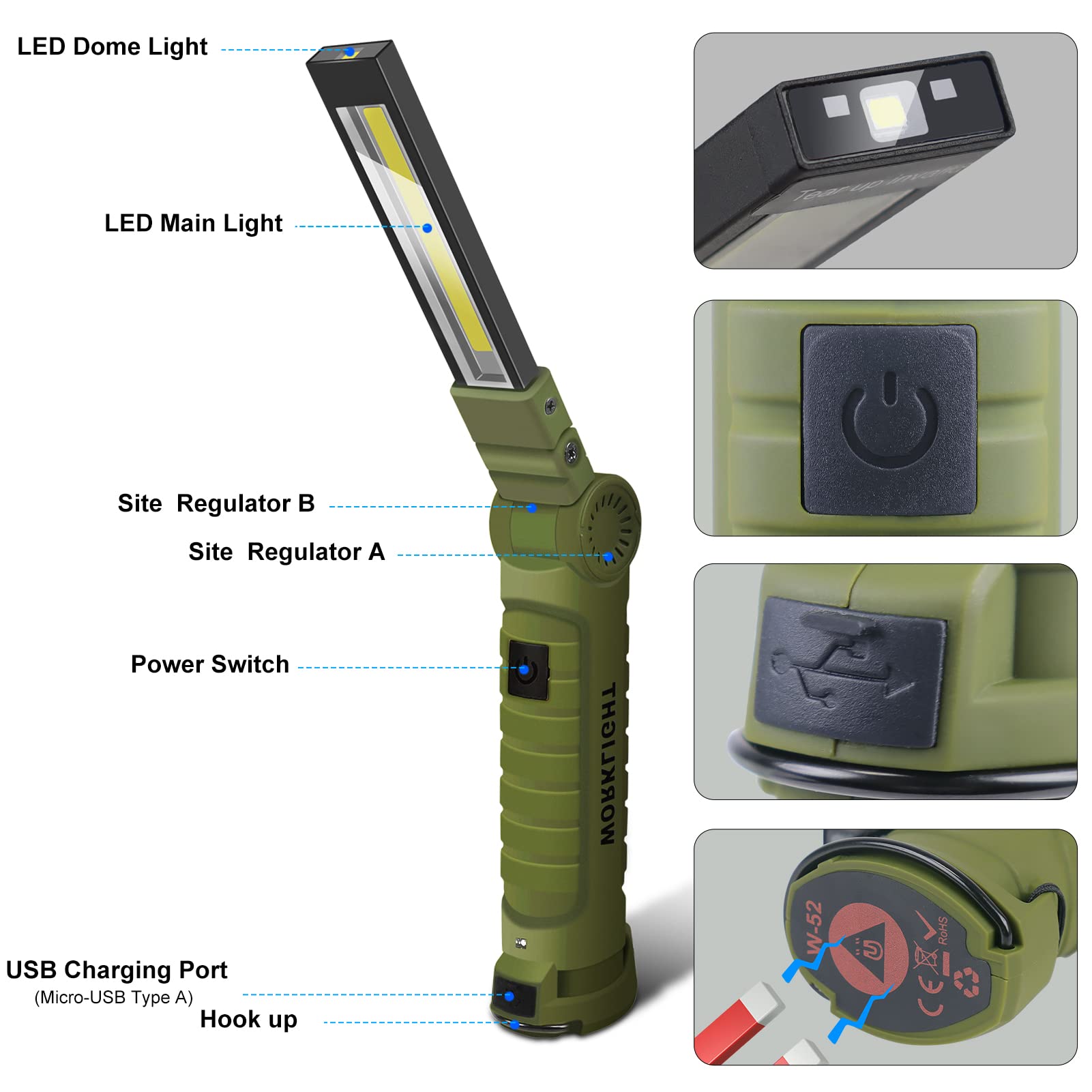 LED.APP 2Pack USB Rechargeable COB Work Light, Magnetic Base, 360°Rotate, 5 Modes, Plastic, Green
