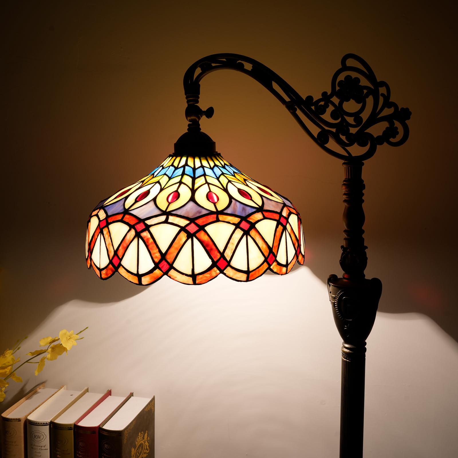 Blivuself Tiffany Floor Lamp Yellow Peacock Tail Stained Glass Floor Light Adjustable Angle Tall Standing Lamp 63 Inches For Hom