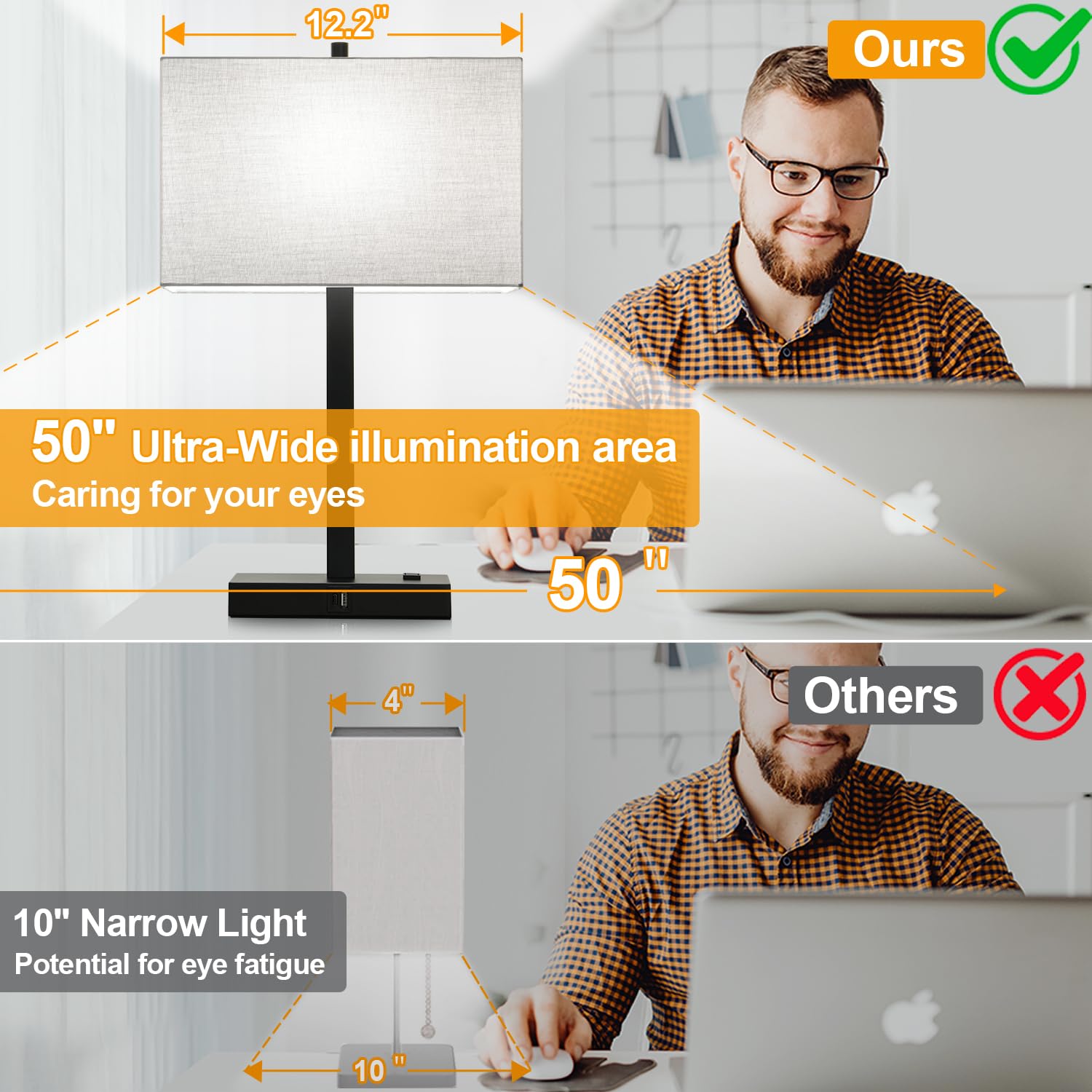 Lynnoland 21&quot; Touch Control Table Lamps, 3-Way Dimmable, Usb/Ac Outlets, Gray Shade,