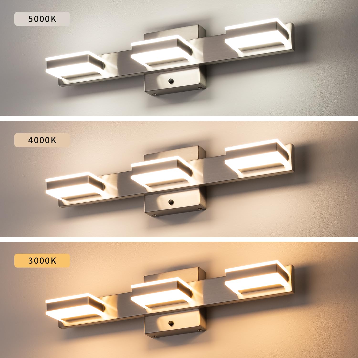 mirrea 3-Light Brushed Nickel Vanity Light Fixture, CCT Adjustable LED, Model 6013-3