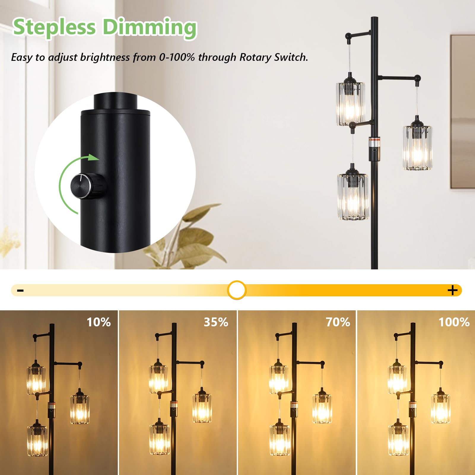 Stepeak Black Crystal Floor Lamp, 3-Light Dimmable Industrial Tree Design, 65" Tall for Living Room & Office, Model 250305C1