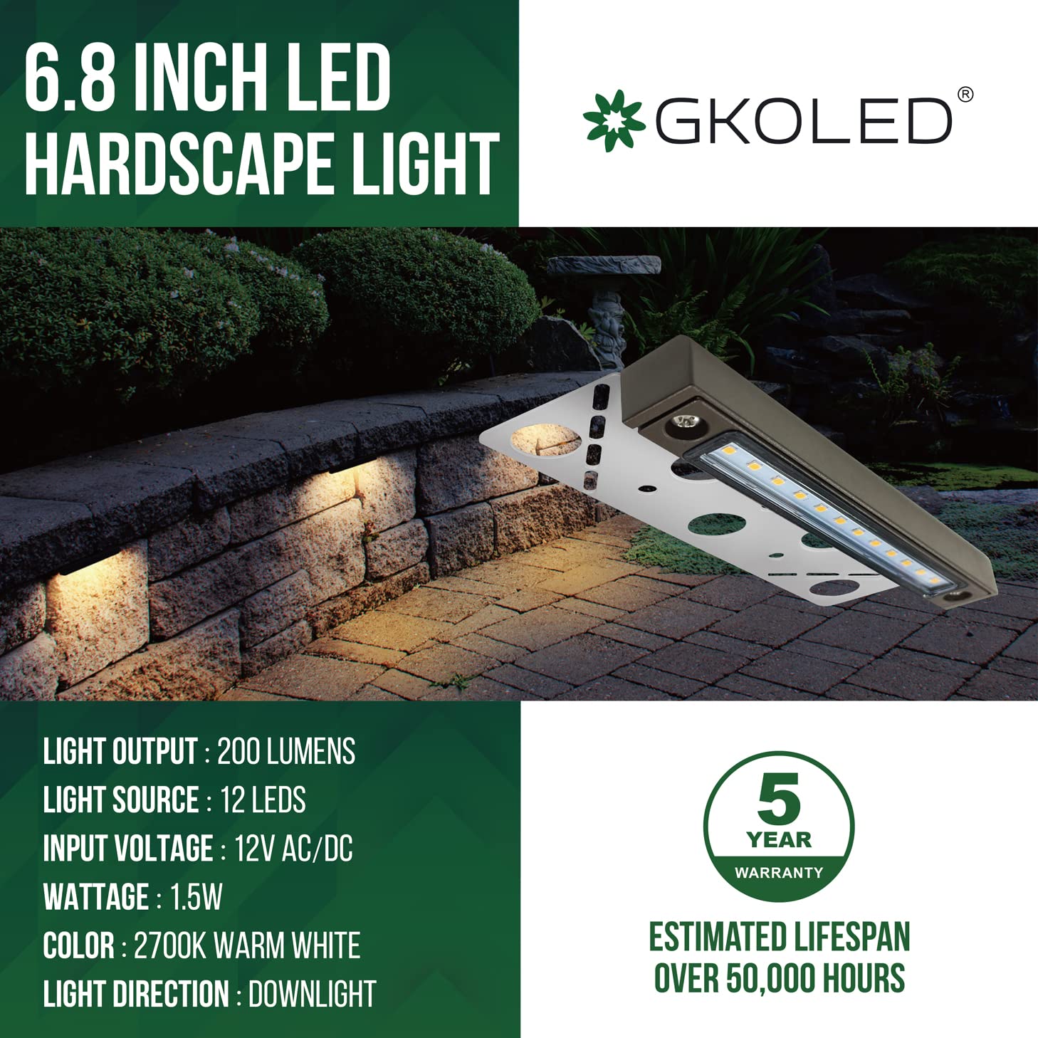 Gkoled 4-Pack Replaceable 6.8'' Led Hardscape Lights, Low Voltage Retaining Wall Light, Paver Wall Hardscape Lighting, Outdoor L