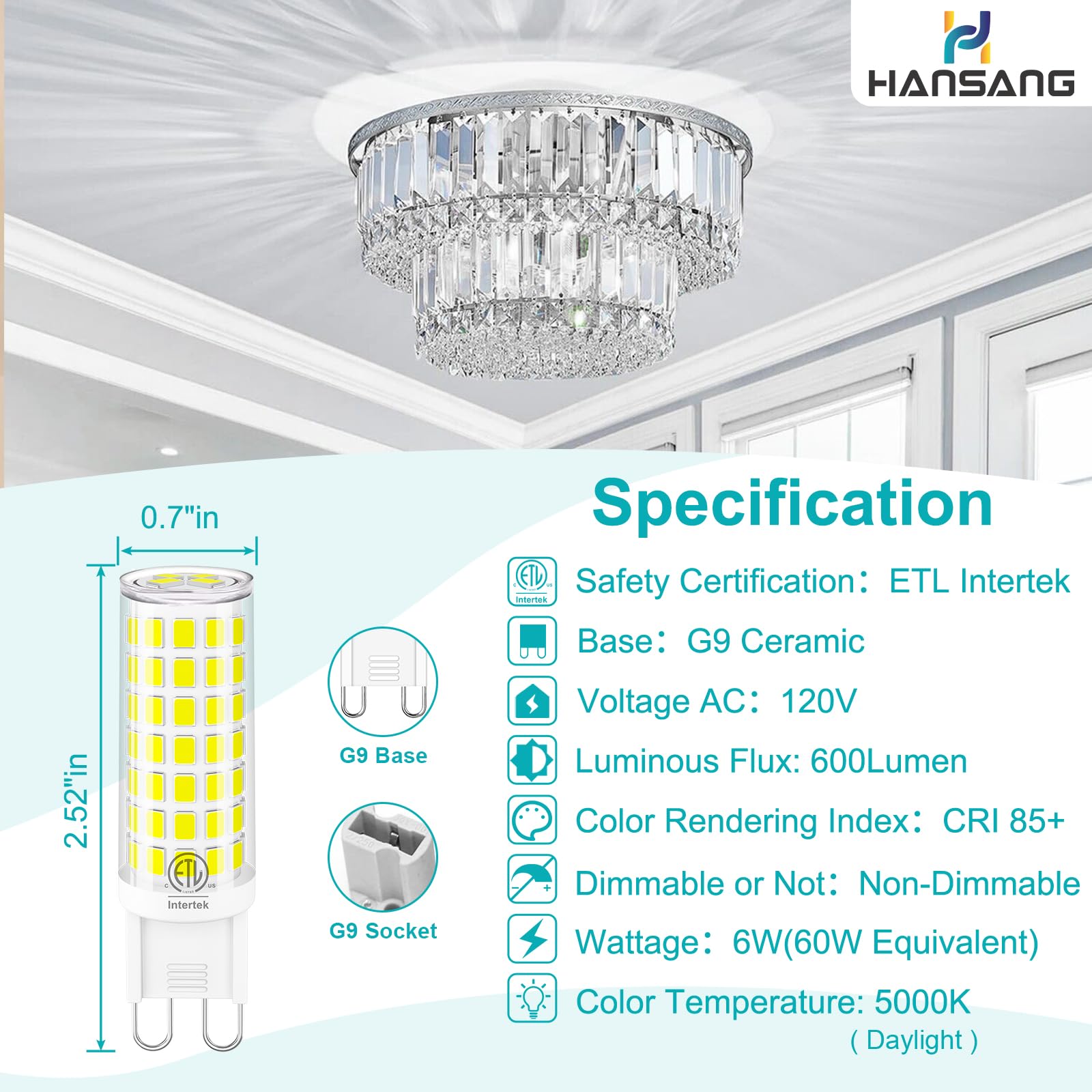 Hansnag G9 LED Bulbs 10 Pack, 6W (60W Halogen Replacement), 5000K Daylight White, Bi Pin Ceramic Base, 600LM, Non-Dimm