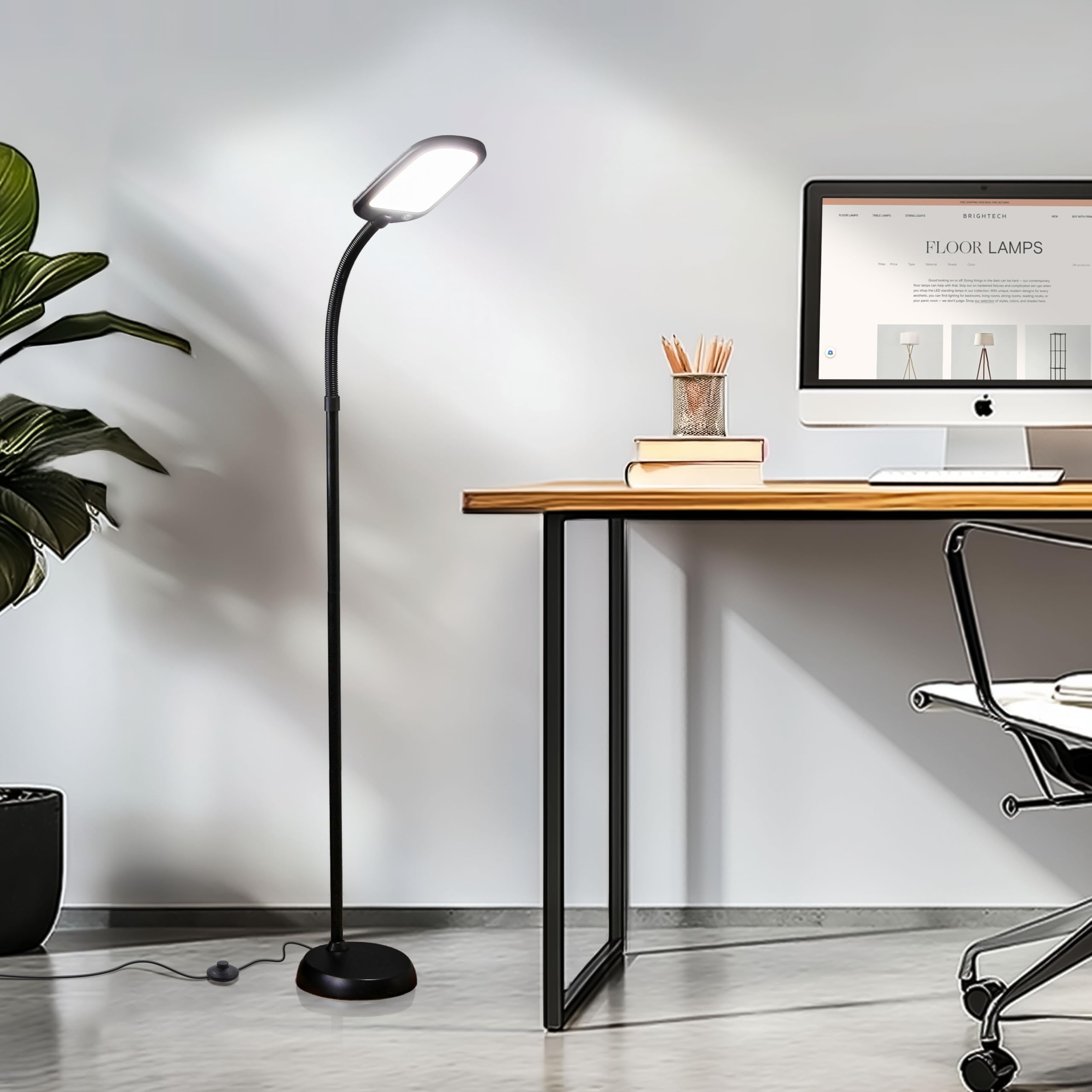 Brightech Litespan Slim LED Floor Lamp - Adjustable Gooseneck, Dimmable, Jet Black, Ideal for Reading & Crafts, Model LTSPAN-CLRS-BK