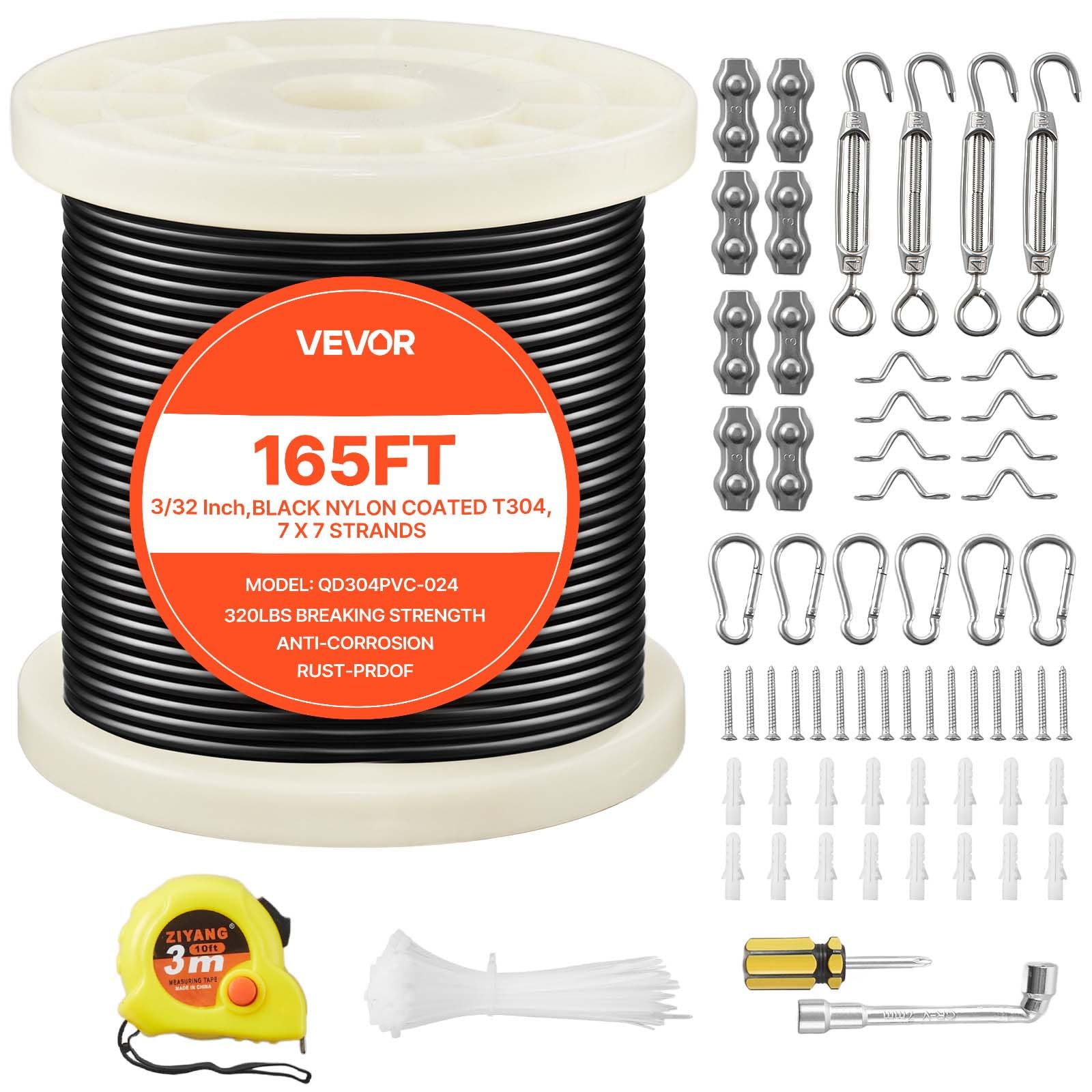 VEVOR String Light Hanging Kit, 165 ft 304 7 x 7 3/32 Inch Stainless Steel Wire Cable, 450 lbs Breaking Strength, Steel Cable fo