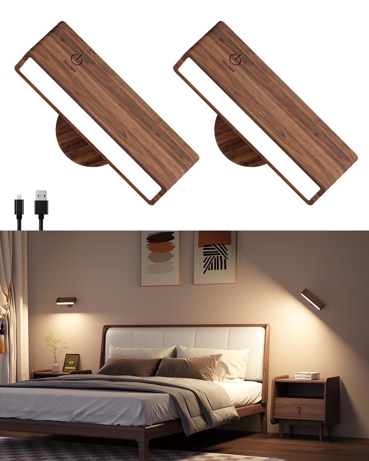 DetarZinLED Battery Operated Wall Sconces Set of 2,Rechargeable Wall Lights Wood,Stick On Wall Lights for Bedroom,Wall Mounted B