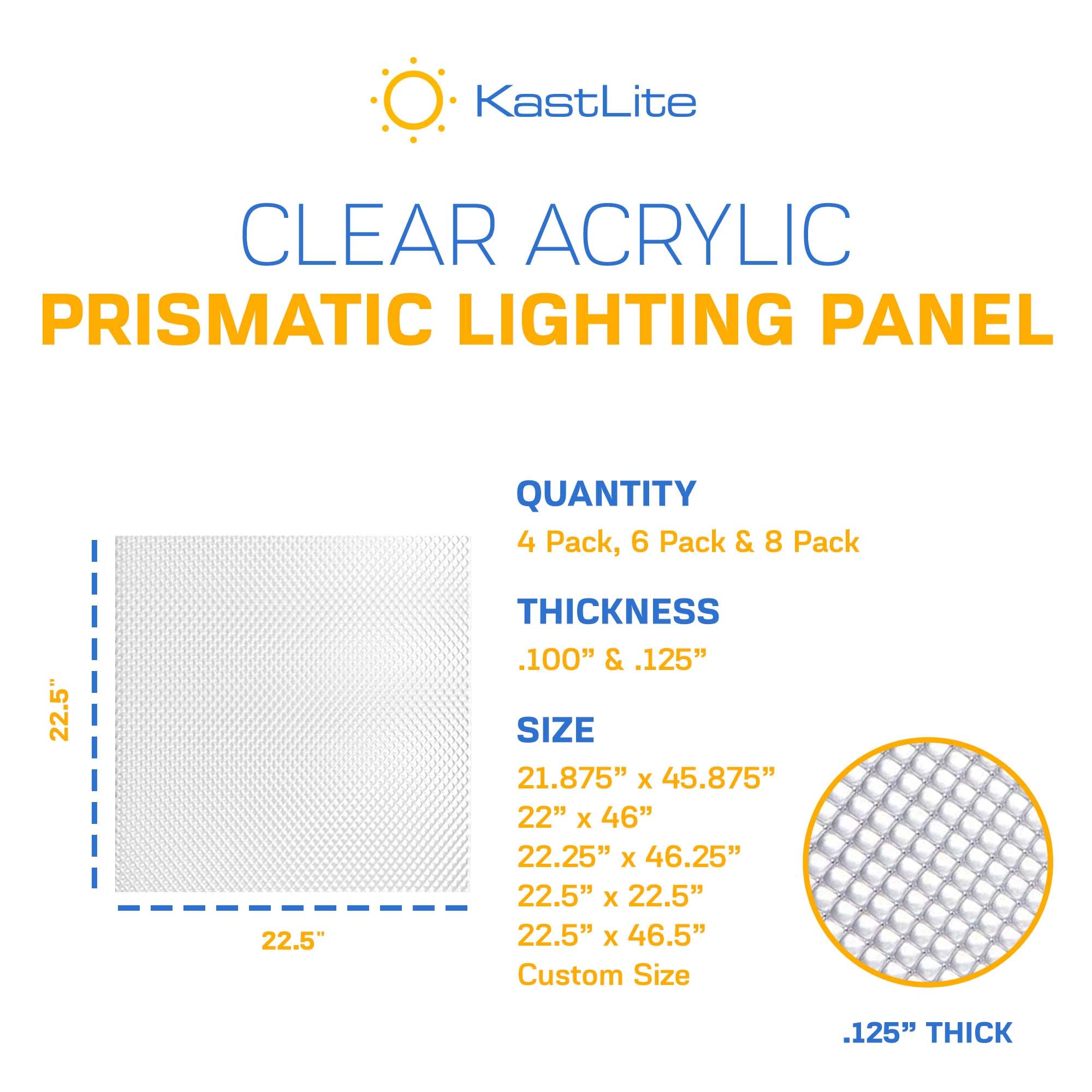 KastLite Fluorescent Light Covers, Acrylic Diffuser Panels, 22.5" x 22.5", Clear, Model KL-PLP100-2X2-4PK,