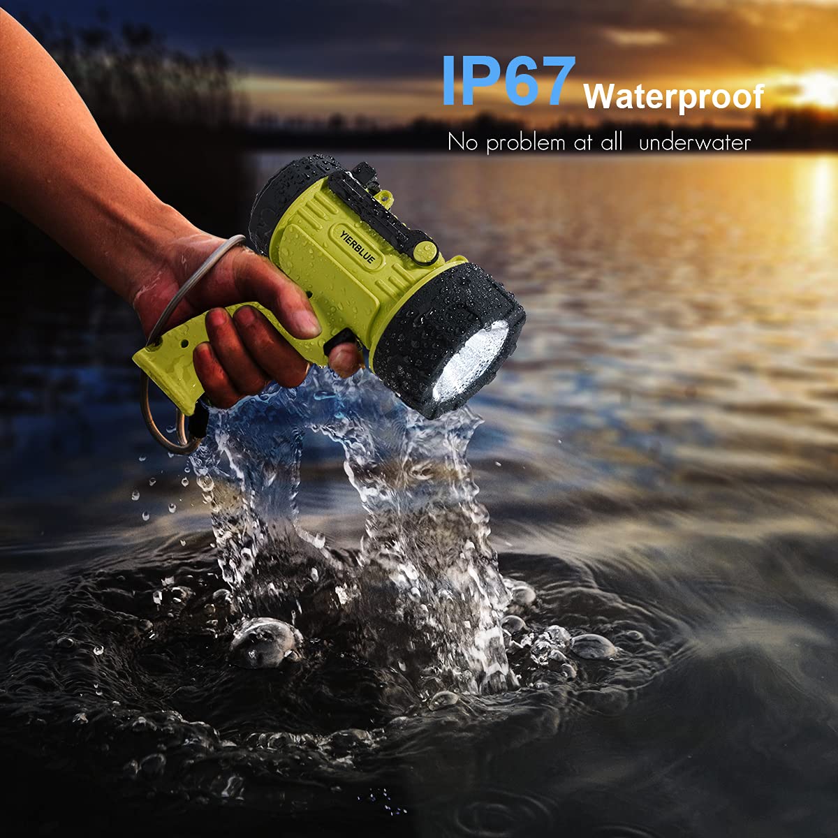 YIERBLUE 10000 Lumen Rechargeable Spotlight, IP67 Waterproof, Handheld Flashlight, Fluorescent, Model YBN-2000F