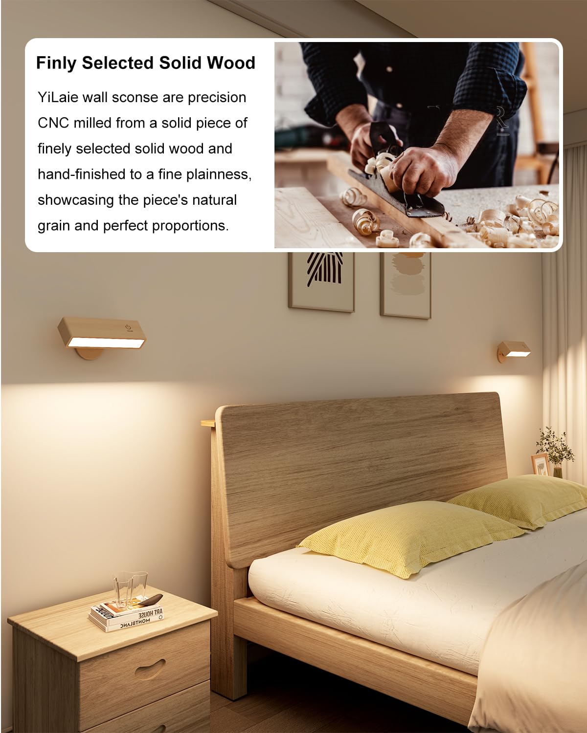 YiLaie Wall Sconces - Rechargeable Wireless Dimmable Wood Lamps, 2 Pack Touch Control, Beechwood Finish, Model EL-US-001