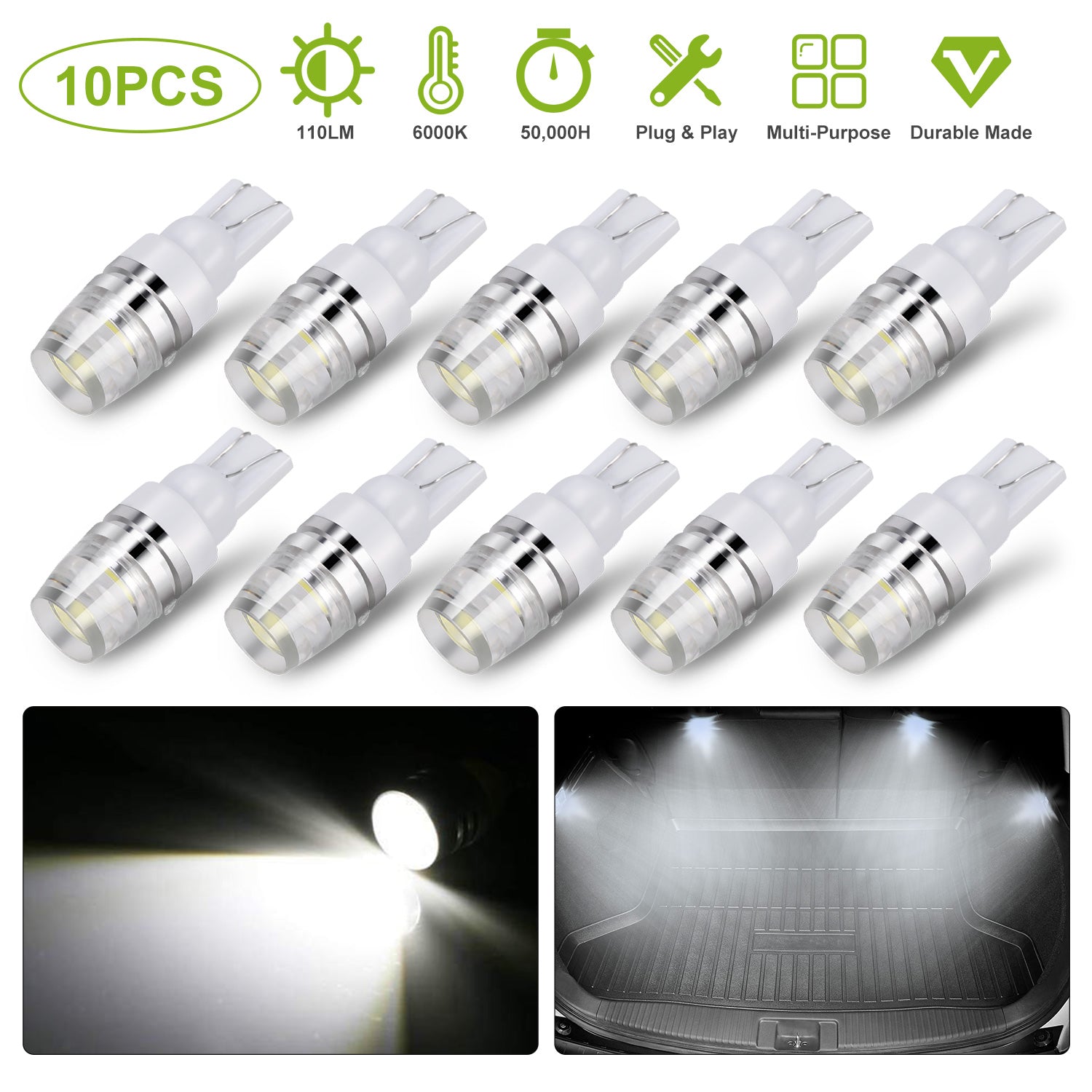 Gpct [10 Pieces Xenon Car Head Fog Light Bulb. Fits T10/T15/194/168/158/12256/12961/2821/825/W5W Socket, Built-In Dual 5730 Leds, Low Power Consumption, 50,000 Hours Working Time - 1 Year Warranty