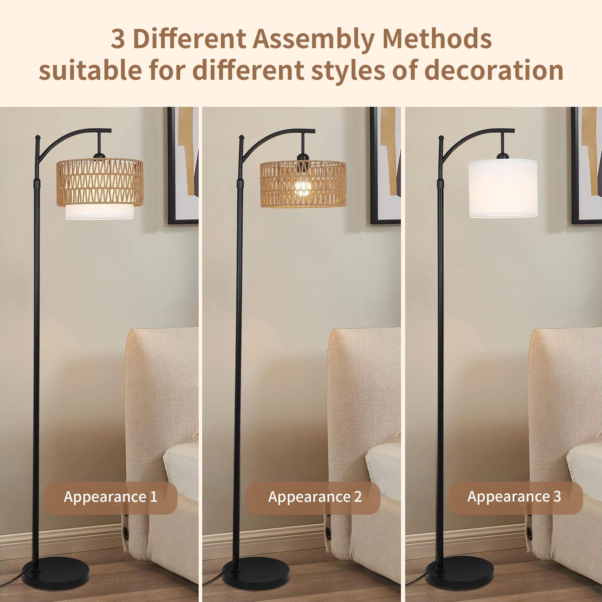ZECOXOL Arc Floor Lamp - Dimmable Rattan Standing Lamp with Remote, 11.9" Double-Deck, 3 Color Temperatures for Living Room & Bedroom