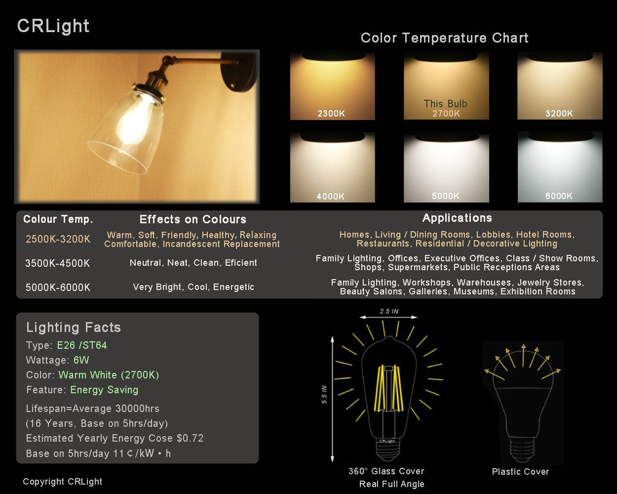 Notoc Led Edison Bulb,Antique 40W Vintage Edison Bulb,E26 Light Bulb Non Dimmable Led Bulb 450 Lumens Daylight 4000K,Pack Of 6