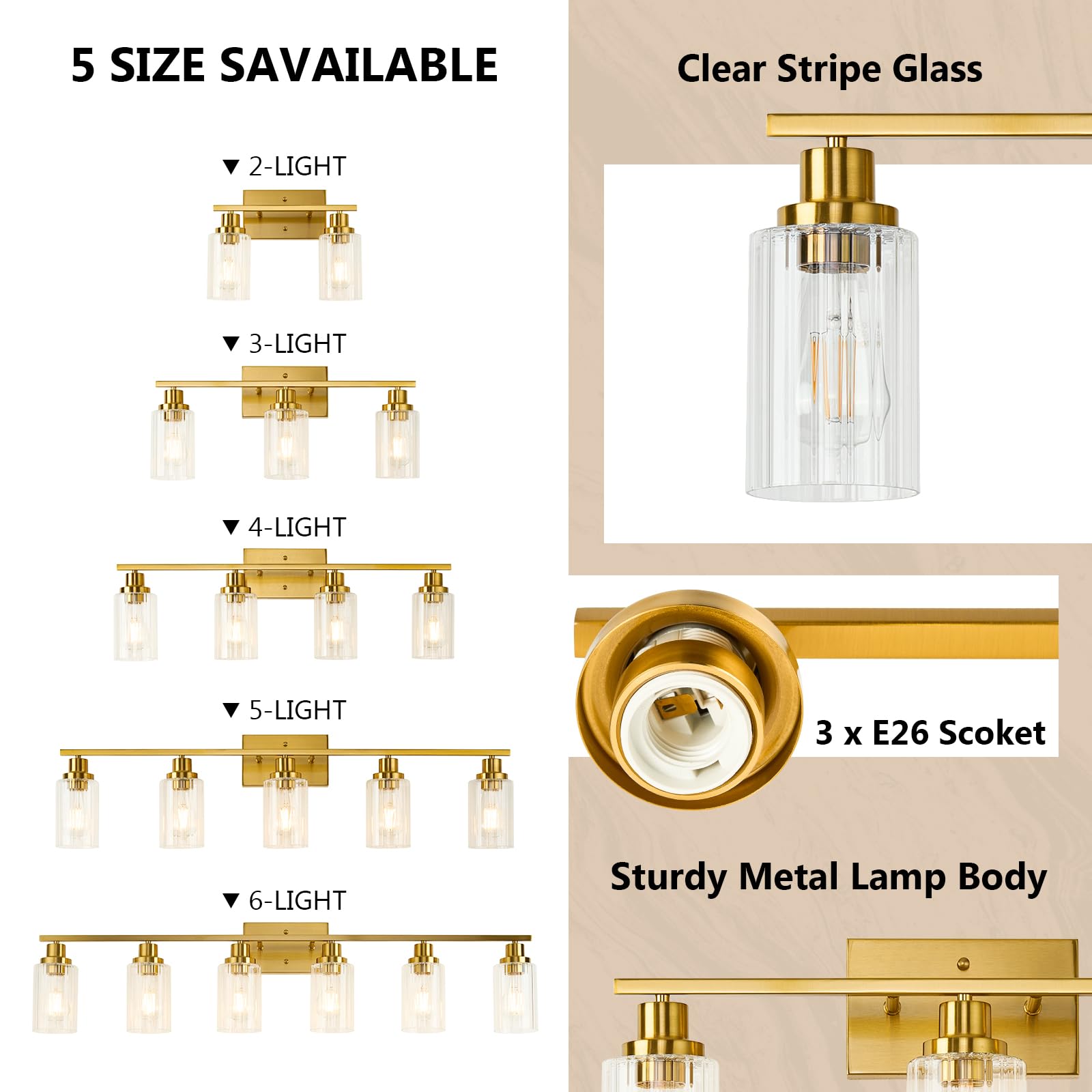 Jonsi 3-Light Gold Bathroom Vanity Light Fixtures, Brushed Gold with Fluted Glass Shade, Model X003W-3AGB, 23.5 Inch