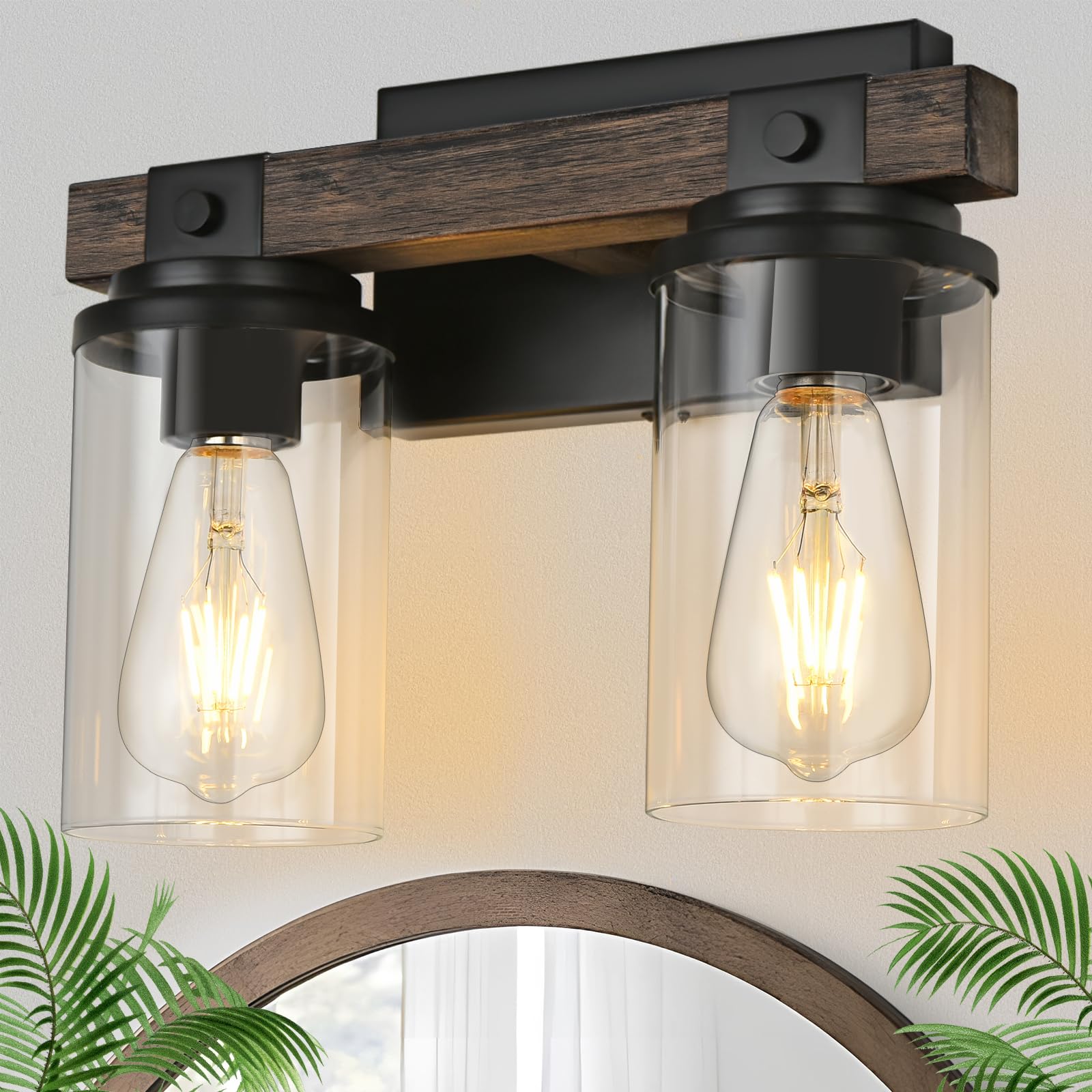 Goyeel 2-Light Farmhouse Wood Black Bathroom Light Fixture With Glass Shade - Rustic Industrial Sconce