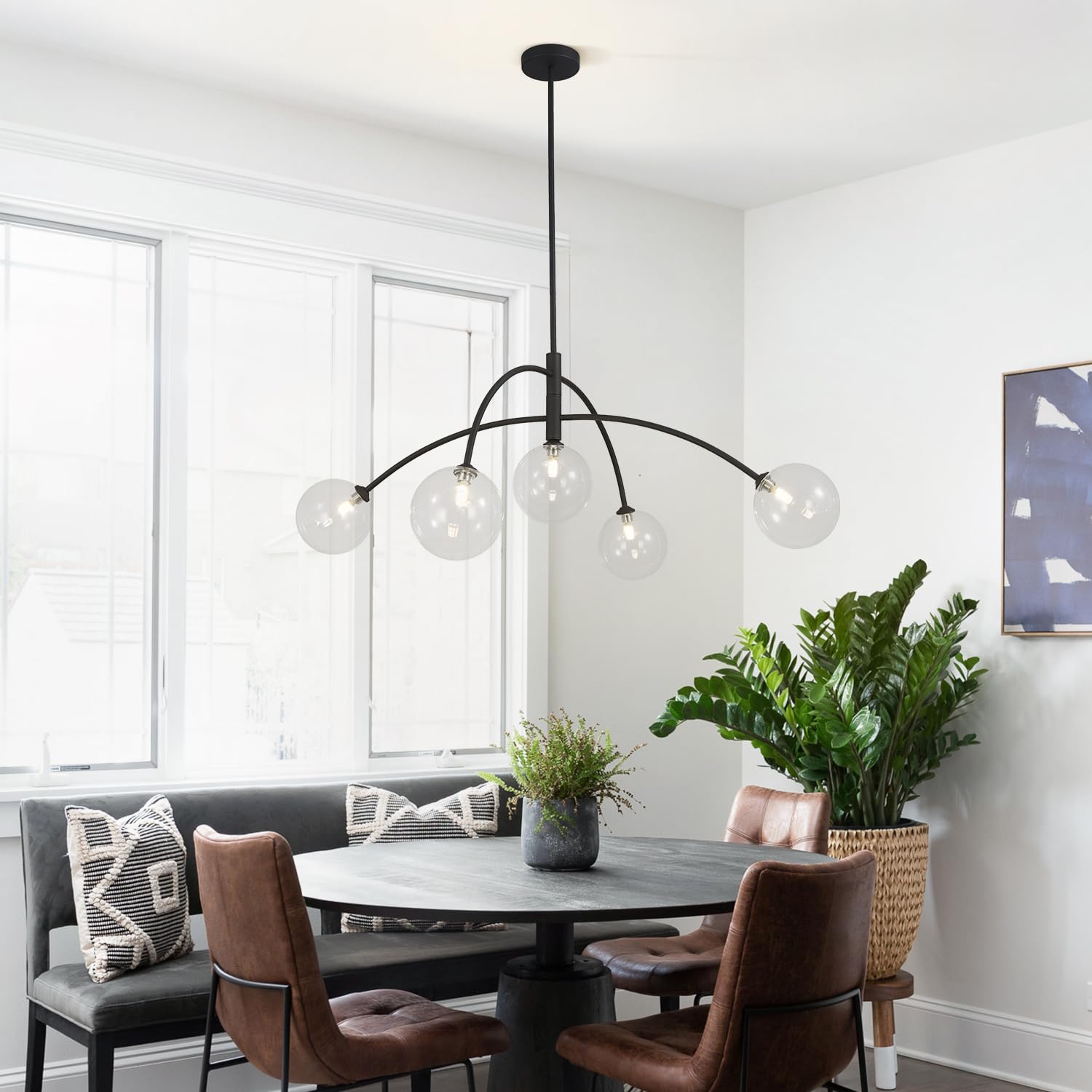 Fulesi Mid Century Modern Sputnik Chandelier Adjustable 5 Light Pendant Light Fixture Clear Glass Black Ceiling Chandelier For D