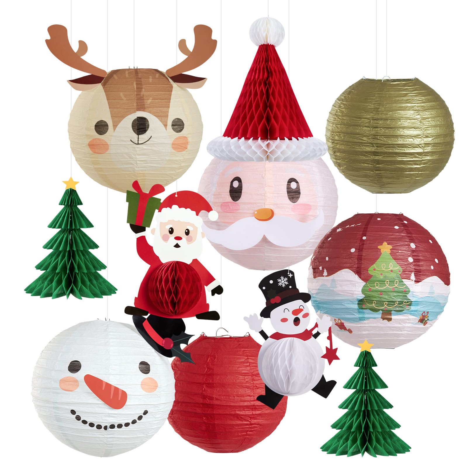 OBBOLO Christmas Hanging Paper Lanterns and Honeycomb Set, 11 PCS Santa Snowman Reindeer Theme Lanterns and Paper Christmas Tree