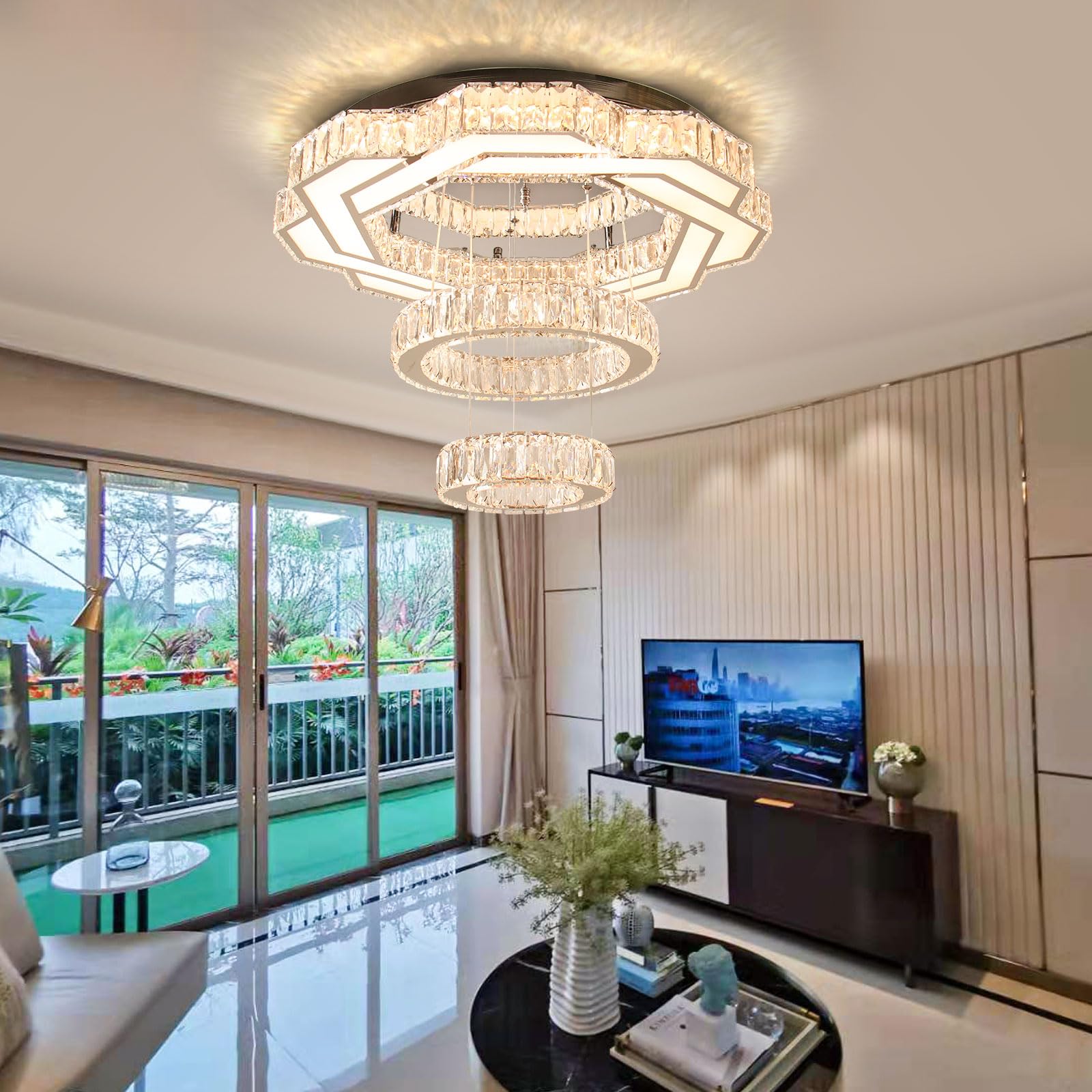 xychfantligh 22.5" Crystal Chandelier – Modern LED Pendant Light for Living Room, Warm Color, Model MC105, Large Size