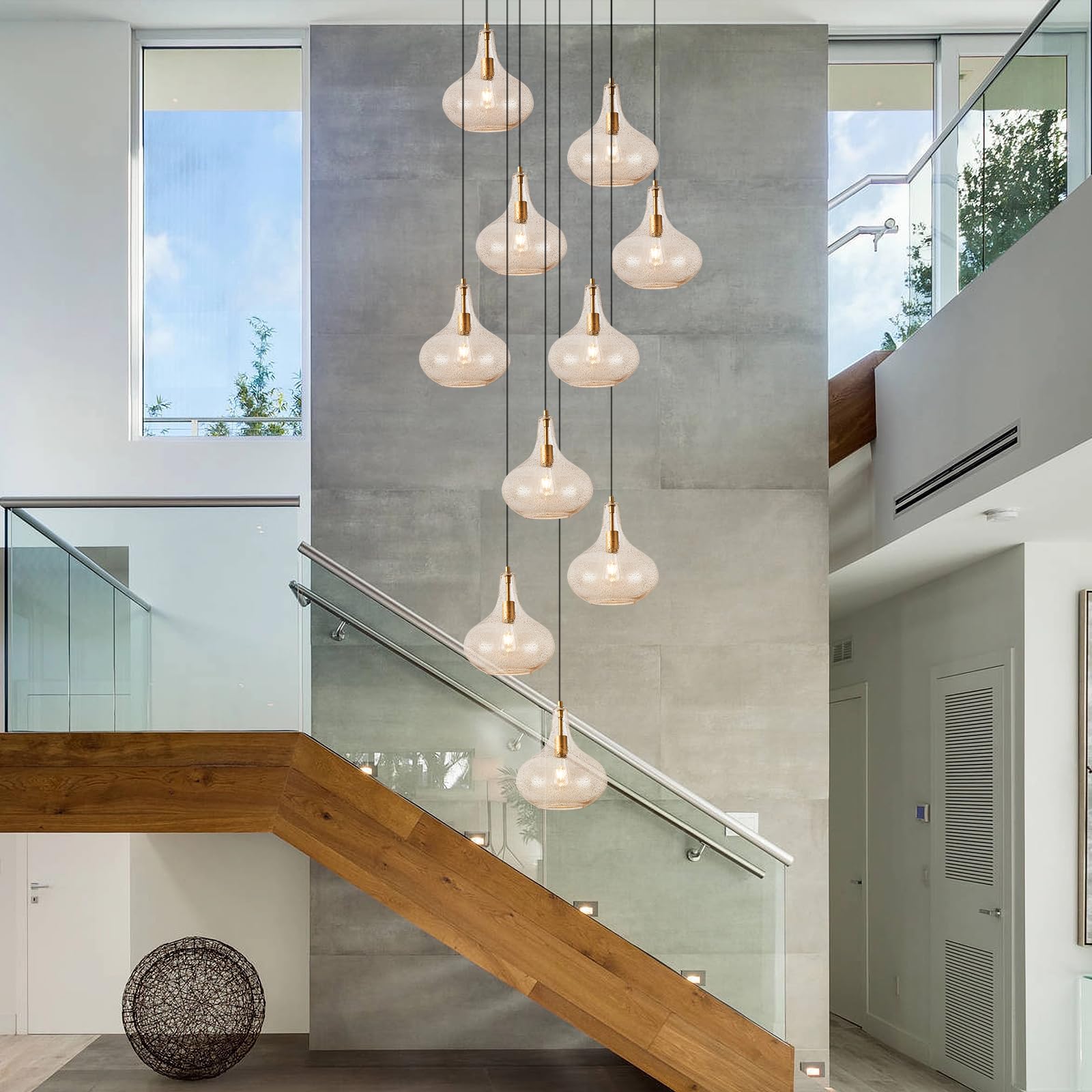 Catiner Handcrafted 11-Inch Mid-Century Modern Brass Gold Pendant Light With Seeded Glass Shade - Elegant Dining Room Pendant Li