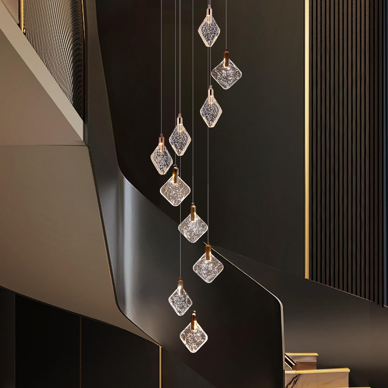 Kokaizeeki Staircase Crystal Chandelier 10-Light Pendant Light, Modern Square Led H118 High Hanging Ceiling Fixture With Gold Ba