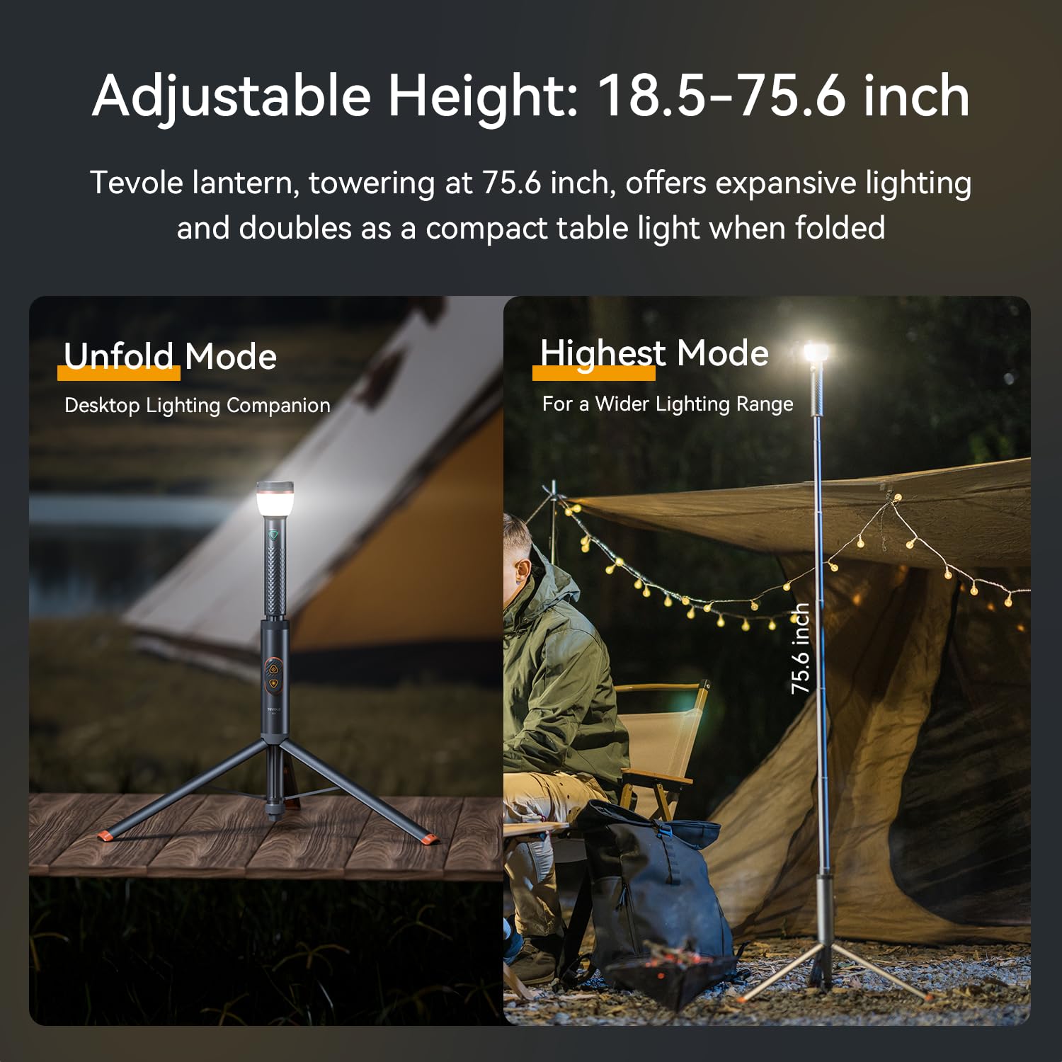 TEVOLE Camping Light - 800 Lumens, IP65 Waterproof, USB Rechargeable, Adjustable Height, Gray, Model CC1