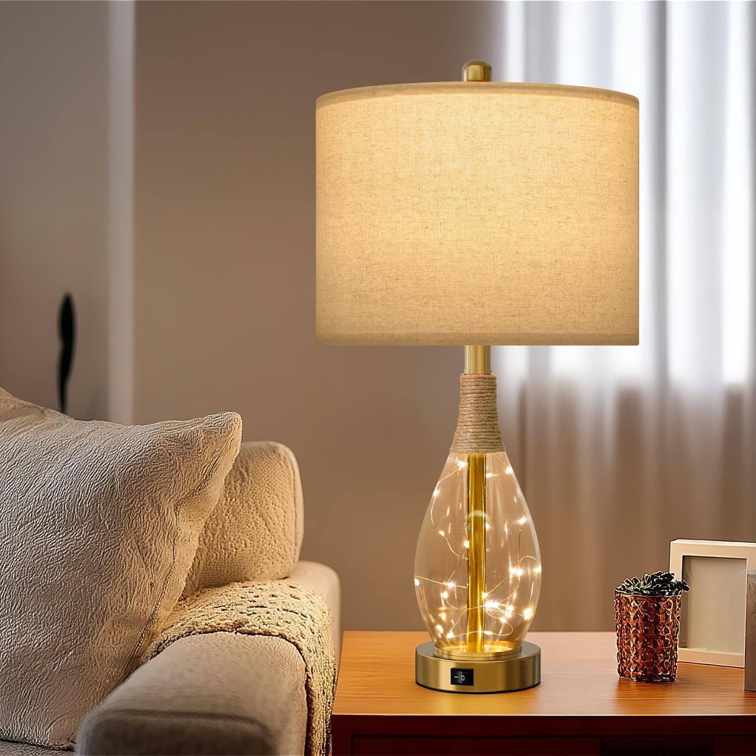 OYEARS 23" Glass Table Lamps Set of 2, Gold Rattan Boho Design with US ...