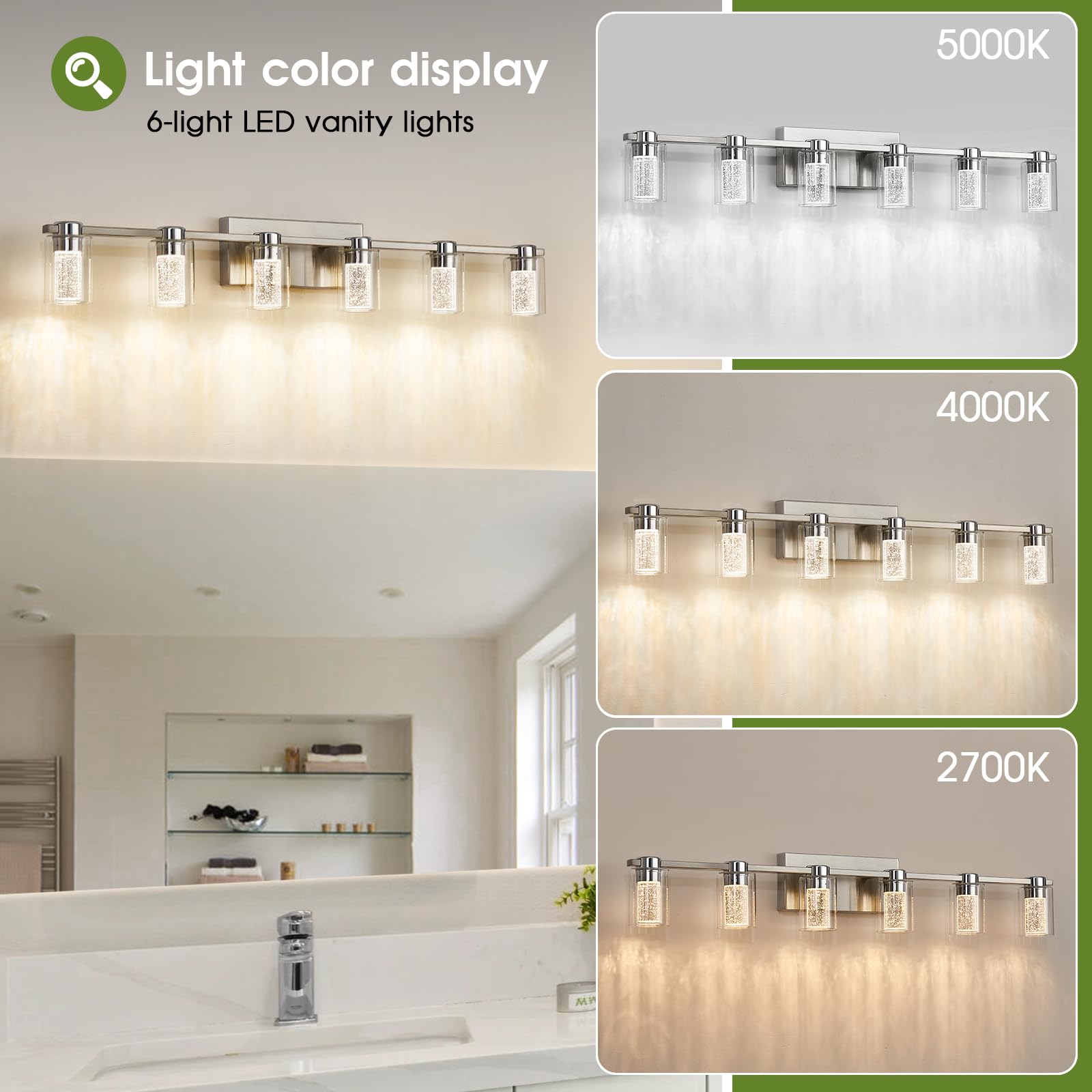 Zhizenl Bathroom Light Fixtures, 6 Light Brushed Nickel Vanity Lights, Dimmable Led Bathroom Vanity Light Over Mirror, Modern Crystal Vanity Lights For Bathroom Bedroom Hallway (Cool/Neutral/Warm)