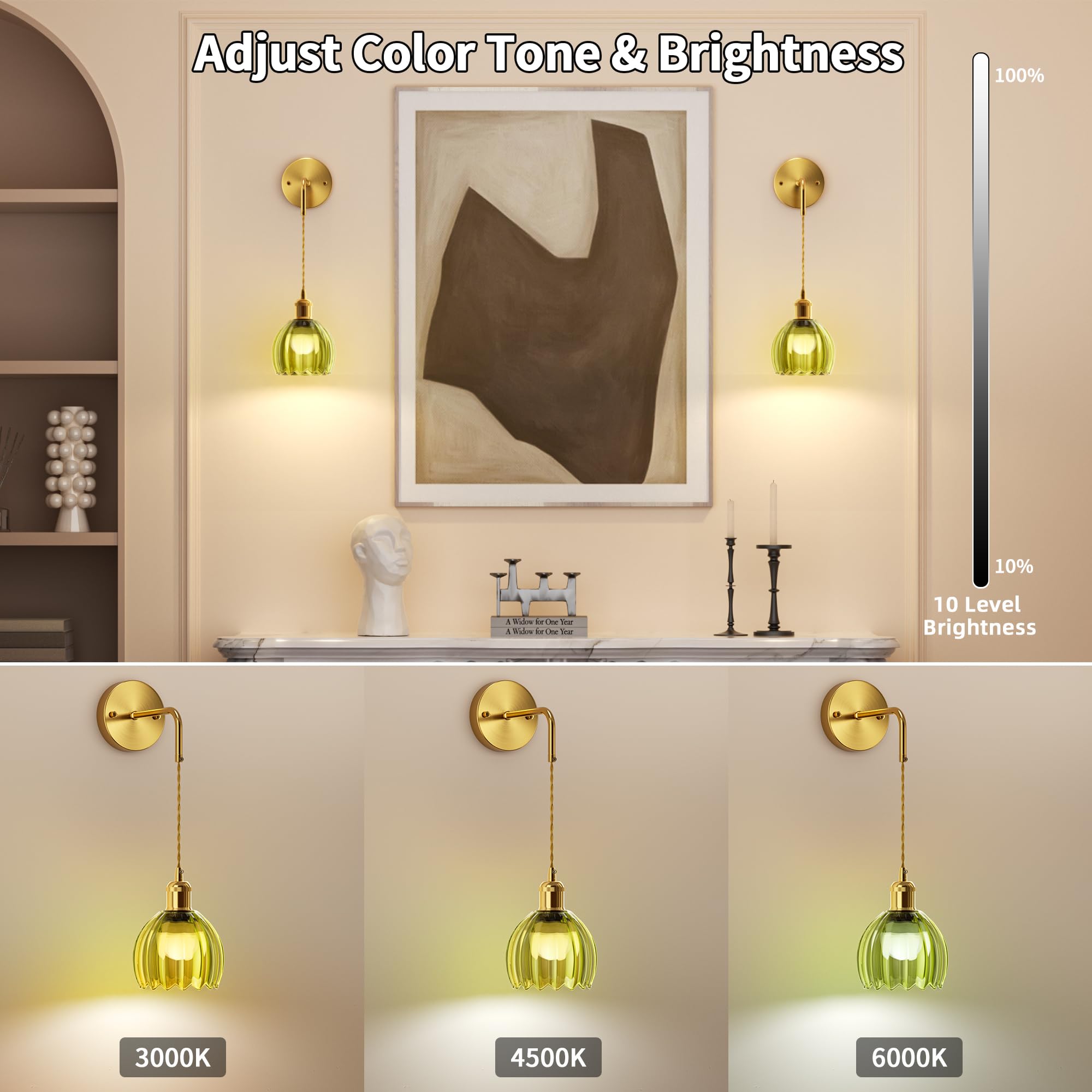 CAMCLIM Rechargeable RGB Bulb Wall Sconce - Vintage Green Glass, Dimmable, Battery Operated, Set of 2, Model DX0050