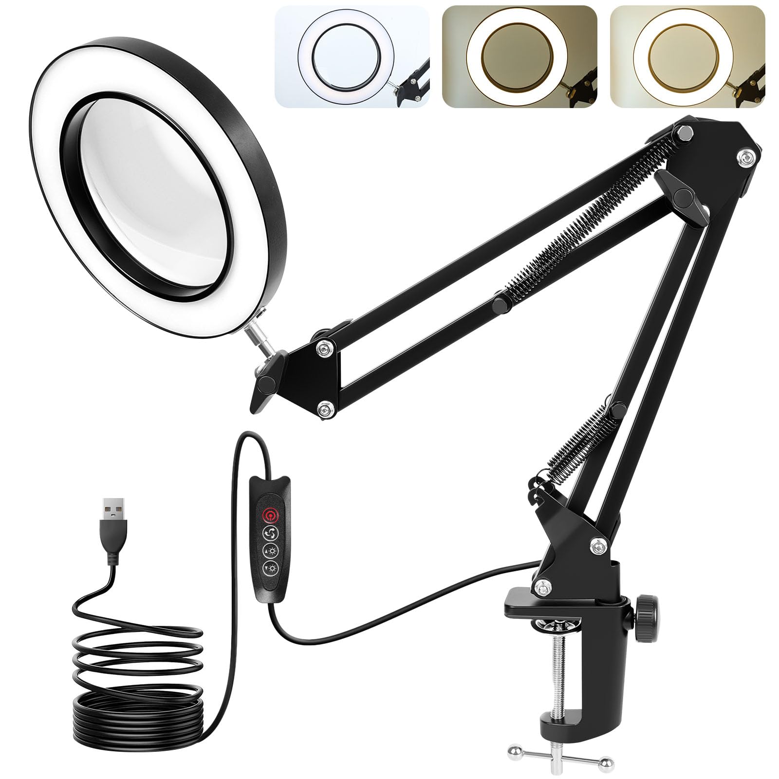 Paradmas Desk Lamp with Lighting Magnifying Glass: 10x Magnifying Glass Light with 3 Color Modes and 10 Levels of Dimming
