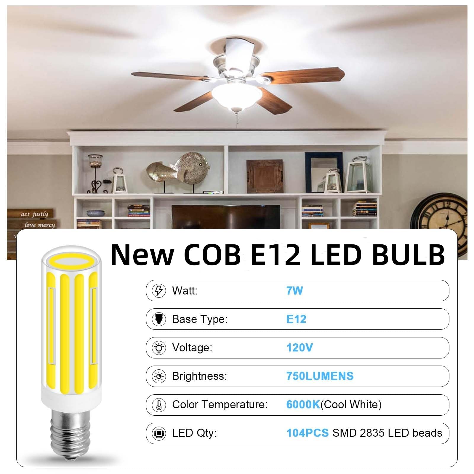 Zhenming E12 Led Bulb 75W Equivalent, 750 Lumens, 6000K Daylight White, Led Light Bulbs 7W, E12 Led Candelabra Bulbs C7 T3/T4 Li