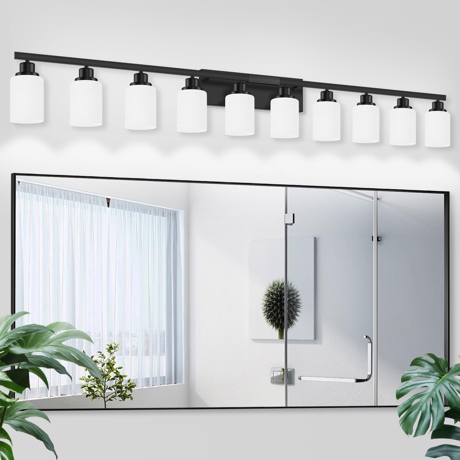 DIKAIDA 10-Light Bathroom Vanity Lights, Black Metal with White Glass Shades, 65.4 inch, Model DKD-LW-HS-10