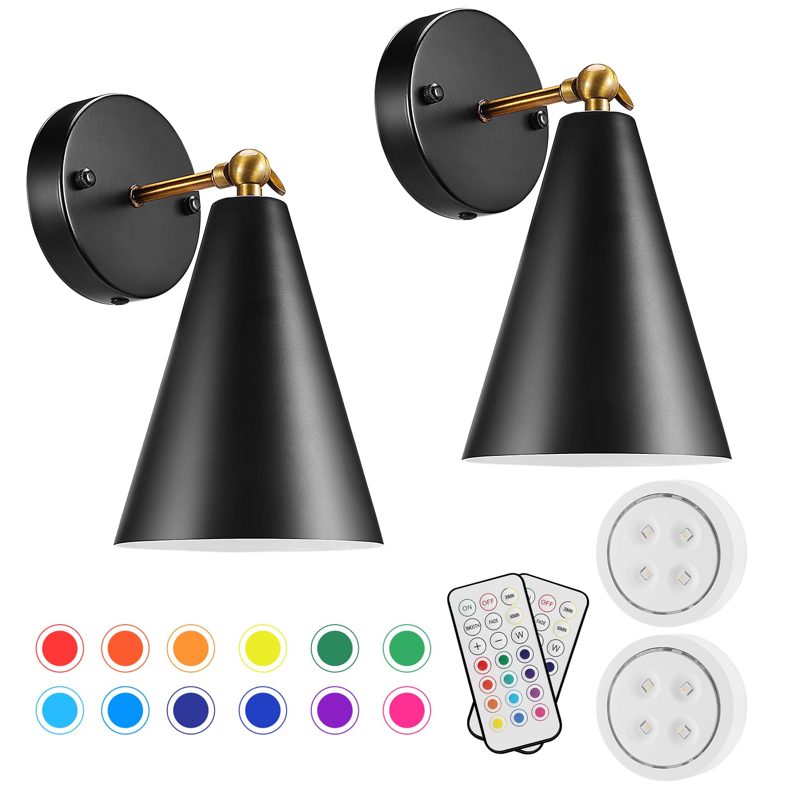 Battery Operated Wall Sconce, Wireless Wall Lights Set of 2, 13 RGB Colors Dimmable Battery Powered Wall Lamp Fixture with Remot