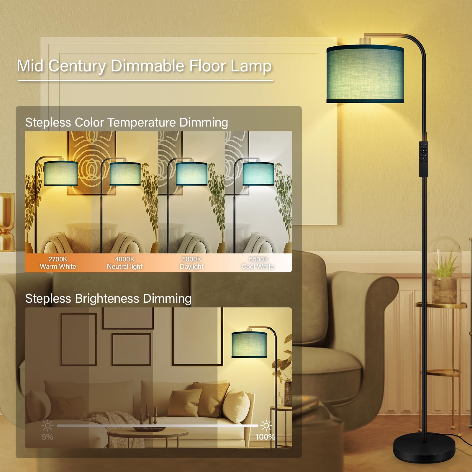 BoostArea Dimmable Floor Lamp - 67" Green Metal Arc Lamp with Remote Control, Stepless Dimming & Color Temperature 2700-6500K, Model B1389