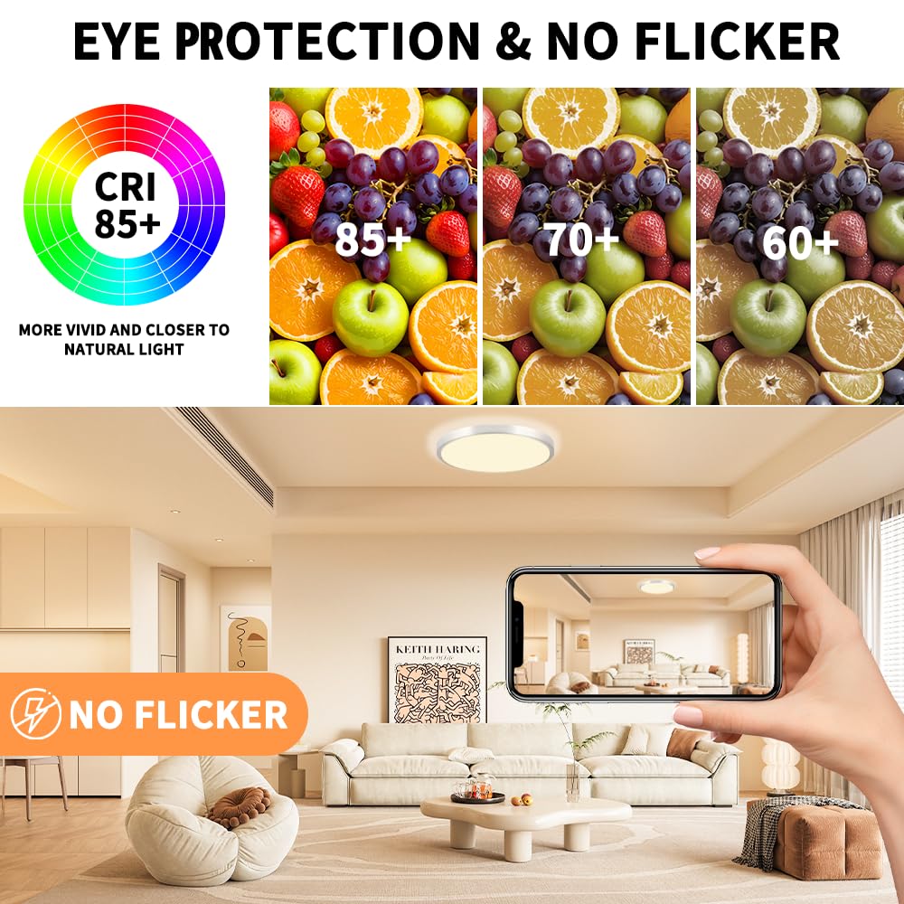 BABLOOM LED Flush Mount Ceiling Light Fixture, Dimmable 24W, 2500LM, 3000K-6500K, 13 Inch, White, Model MX2736