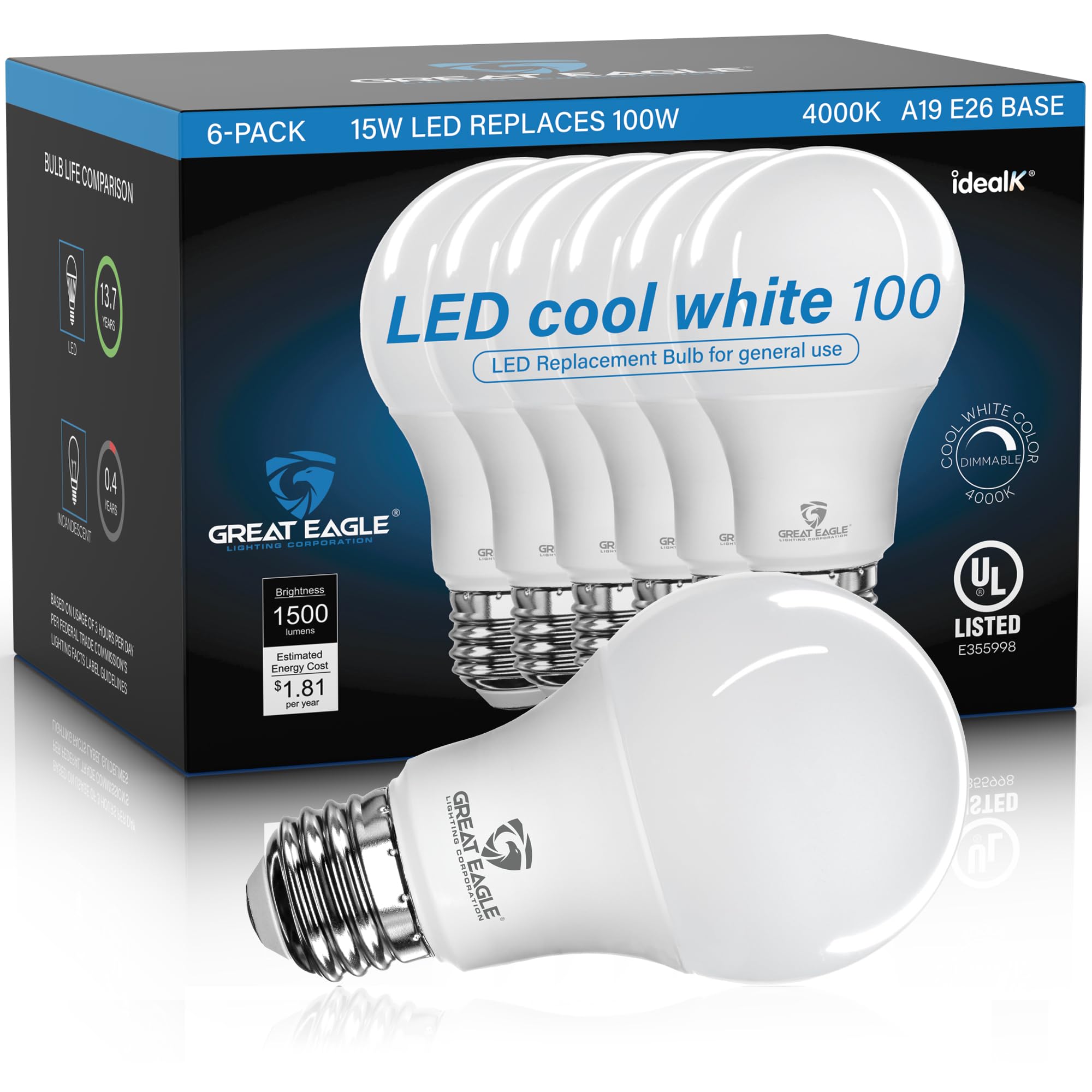 Great Eagle Lighting Corporation 100W Equivalent LED A19 Light Bulb 1500 Lumens Cool White 4000K Dimmable UL Listed (6 Pack)
