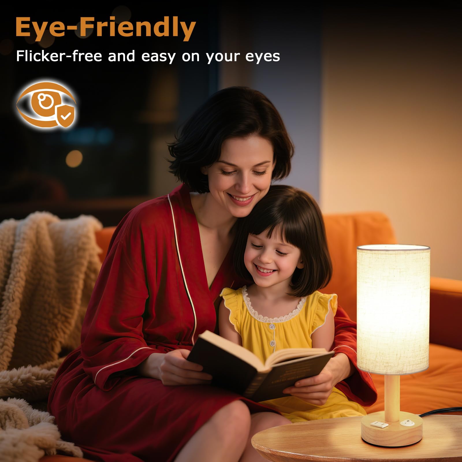 UCHENTON Small Bedside Table Lamp with AC Outlet, Linen Shade, Beige, Model TL03