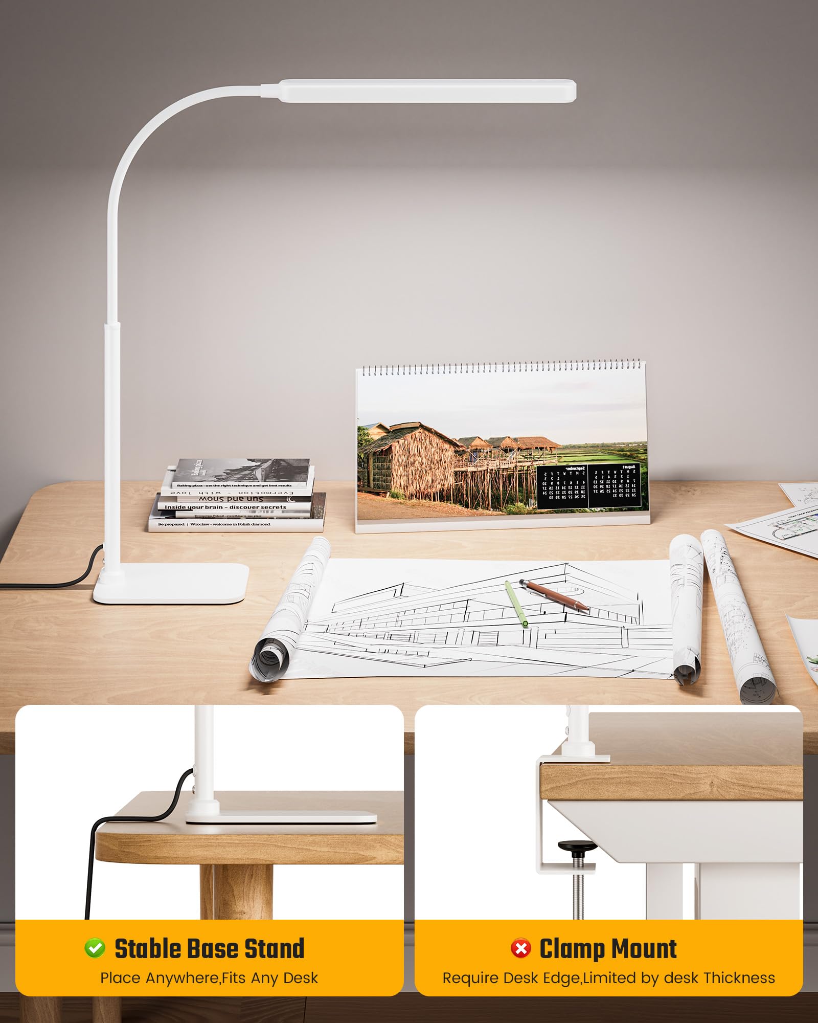 Superdanny Eye-Caring Led Desk Lamp With Base 360?Flexible Gooseneck Work Lamp Touch Control 3 Light Colors Smooth Dimming Task Lighting Reading Light For Home Office College Dorm  White