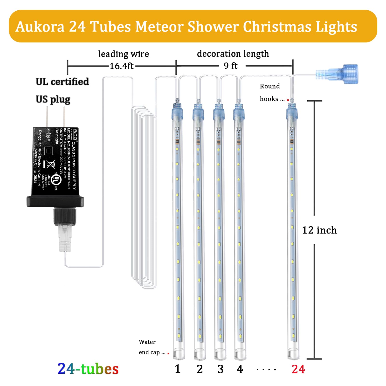 Aukora White Outdoor Christmas Lights, 24 Tubes/576 LEDs, Meteor Shower Icicle Design, 46.4FT, Model AU-MSL-24T