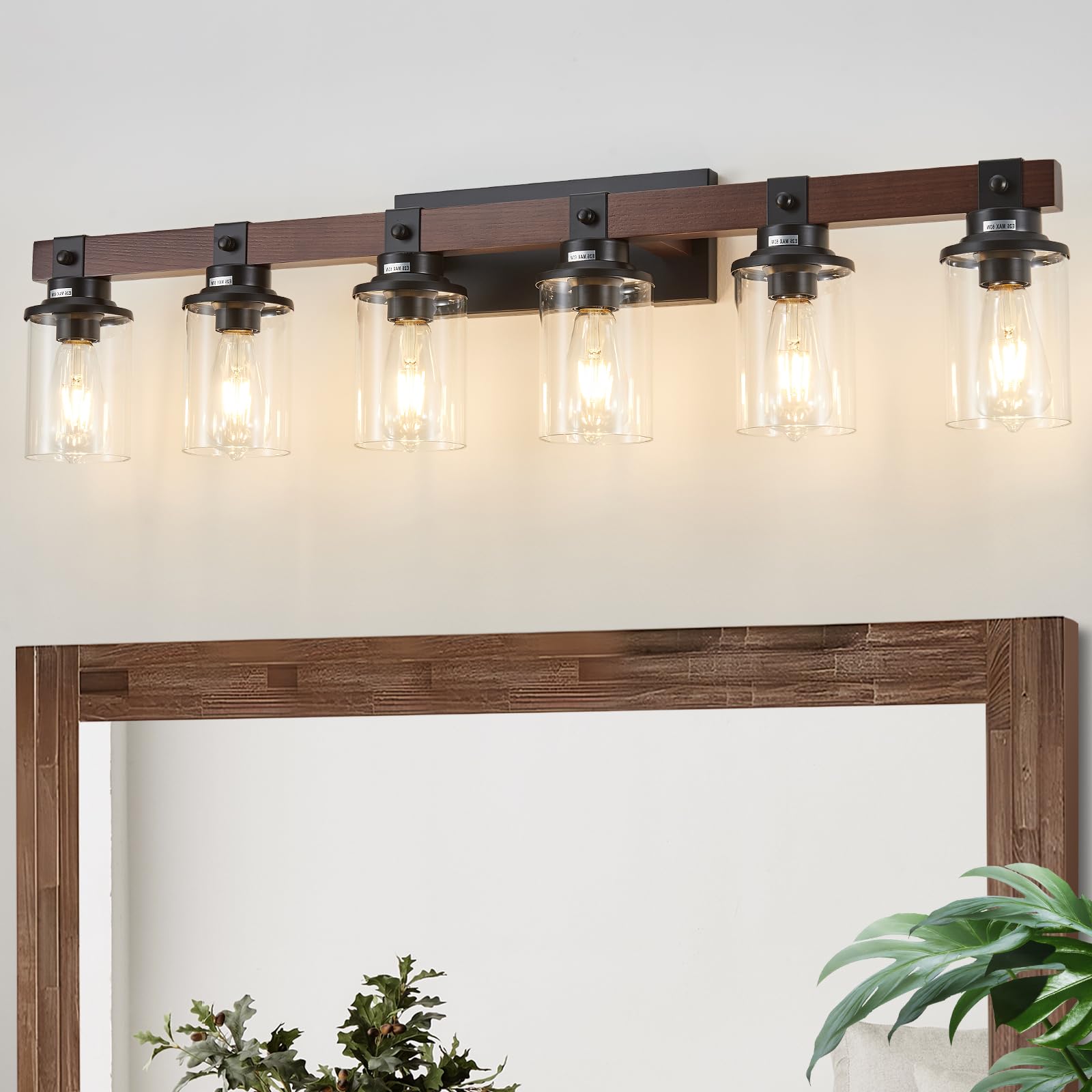 Aixialin 6-Light Farmhouse Vanity Light Fixture, Industrial Metal & Wood Sconce, Black & Wooden, Model 600-100-1093
