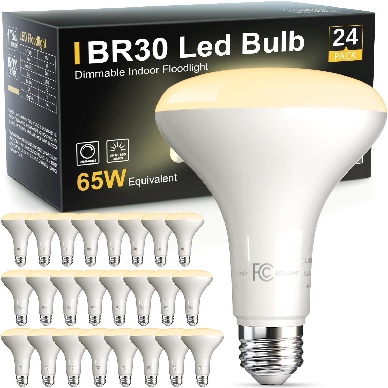 TJOY 24 Pack BR30 Led Bulb 65W Equivalent, Dimmable Flood Light Bulbs Indoor, E26 Base, 2700K Warm White, 9W, 800 LM, Recessed Lighting Bulbs for Ceiling, Recessed Can, Living Room and Kitchen