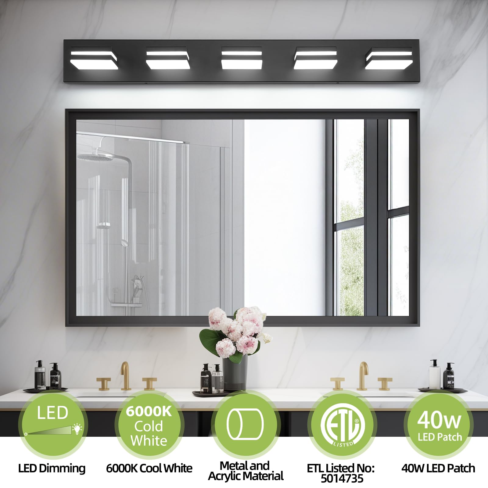 OKELI 5-Light LED Bathroom Vanity Light, Dimmable, 36.2" Matte Black, Adjustable Lamp Head, Model OK-9553-5T-BK