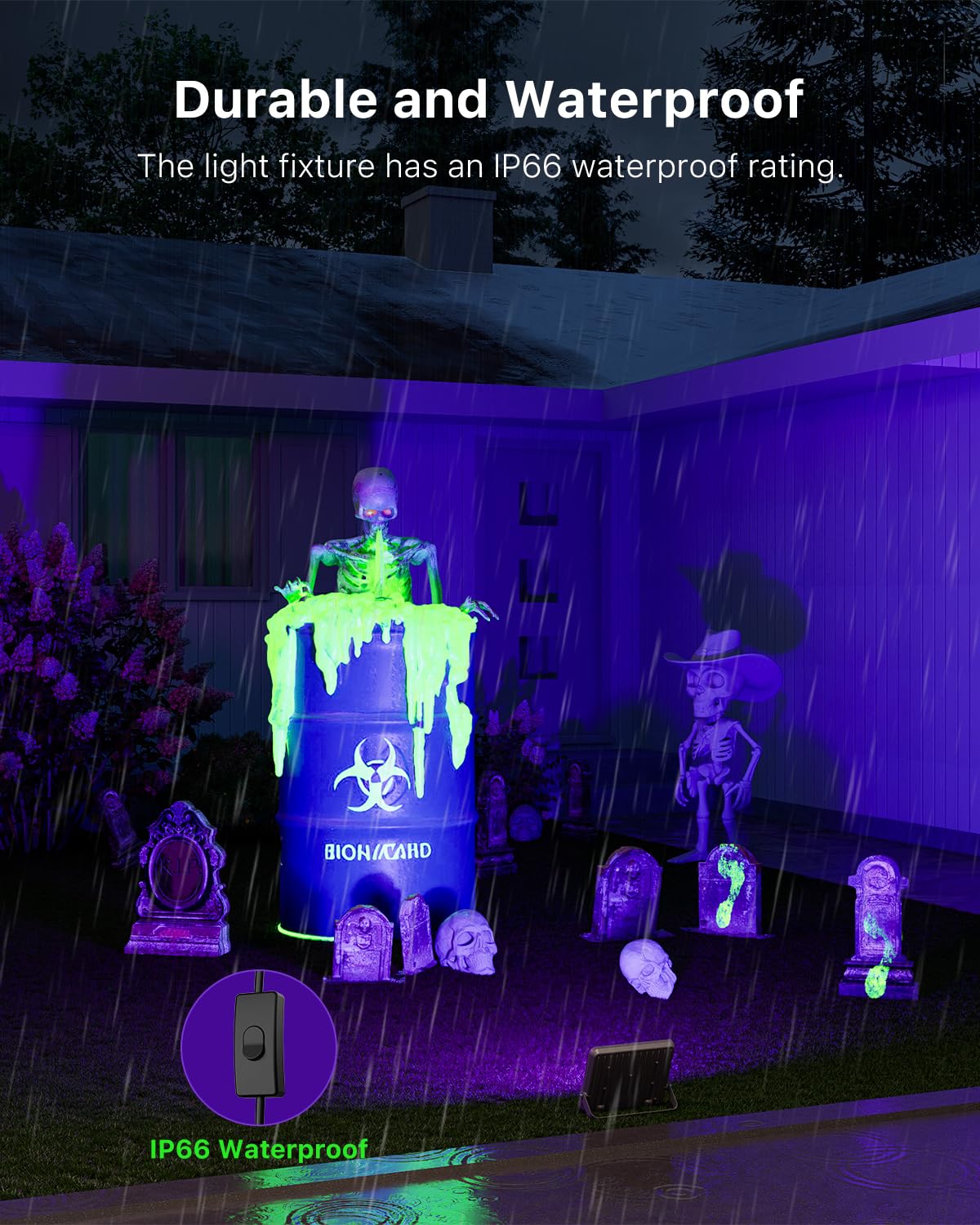 FALOVE 4 Pack 50W Blacklight Flood Lights, IP66 Waterproof UV LED, Violet, Model WG0504-WRGB for Glow Parties & Fluorescent Decor