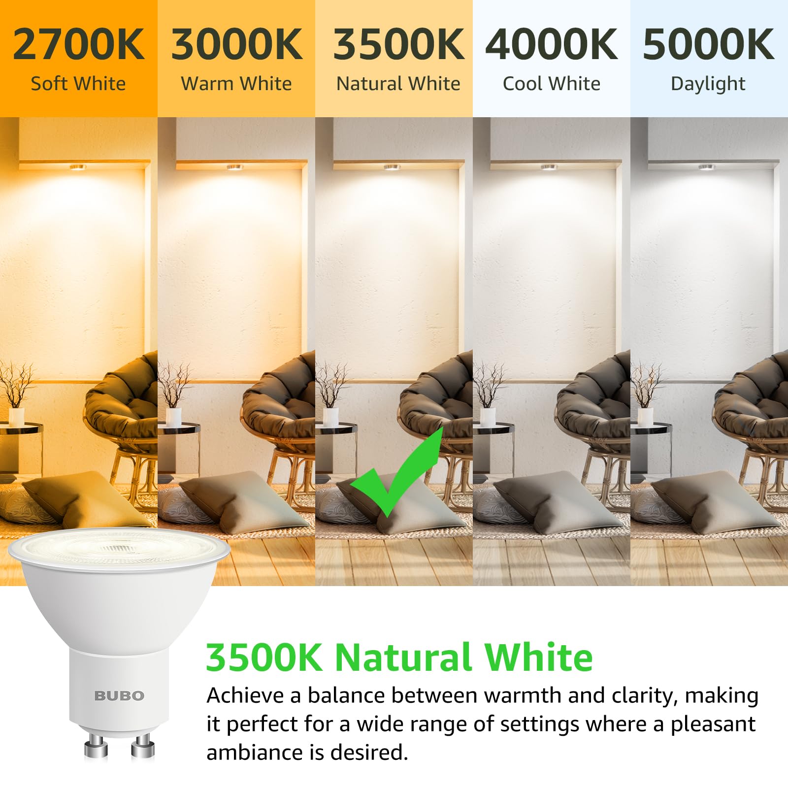 Bubo Gu10 Led Bulb 6W Equivalent, 3500K Natural White, 650 Lumens, Non-Dimmable, 6 Pack, Mr16 Replacement For Track Lighting