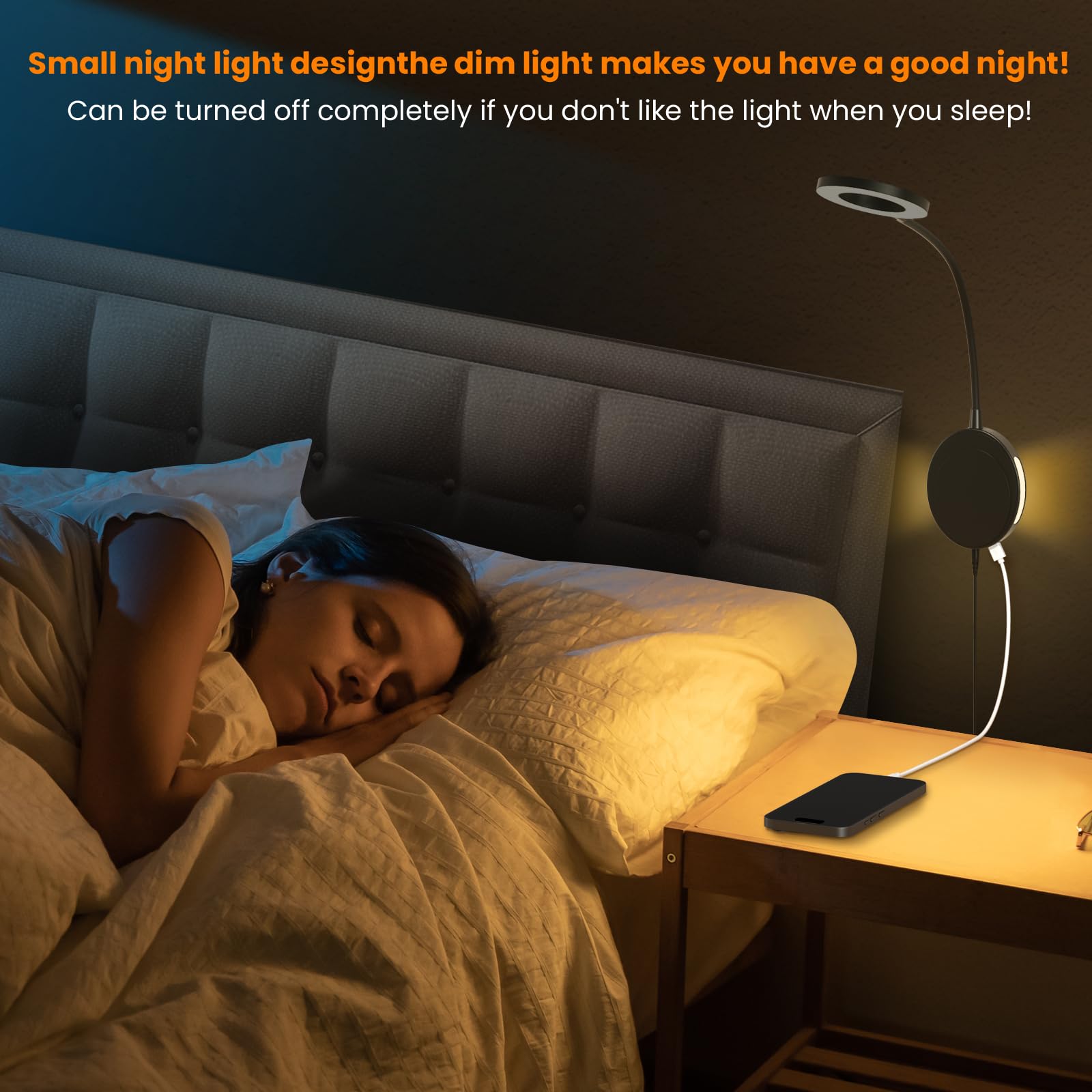 NoeiiT Wall Mounted Reading Light - 5 Color Temps, 5 Dimming Levels, 360° Gooseneck, USB Output, Black