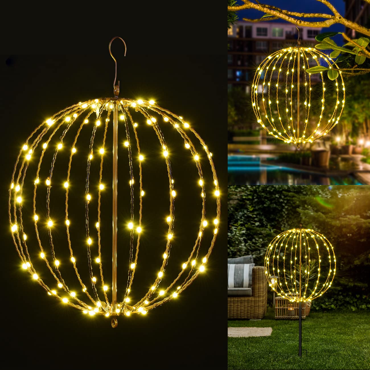 Christmas Ball Light Sphere, 16IN 128LED Hanging Tree Light and Pathway Lights with Hook and Stake, Foldable Metal Frame Light B