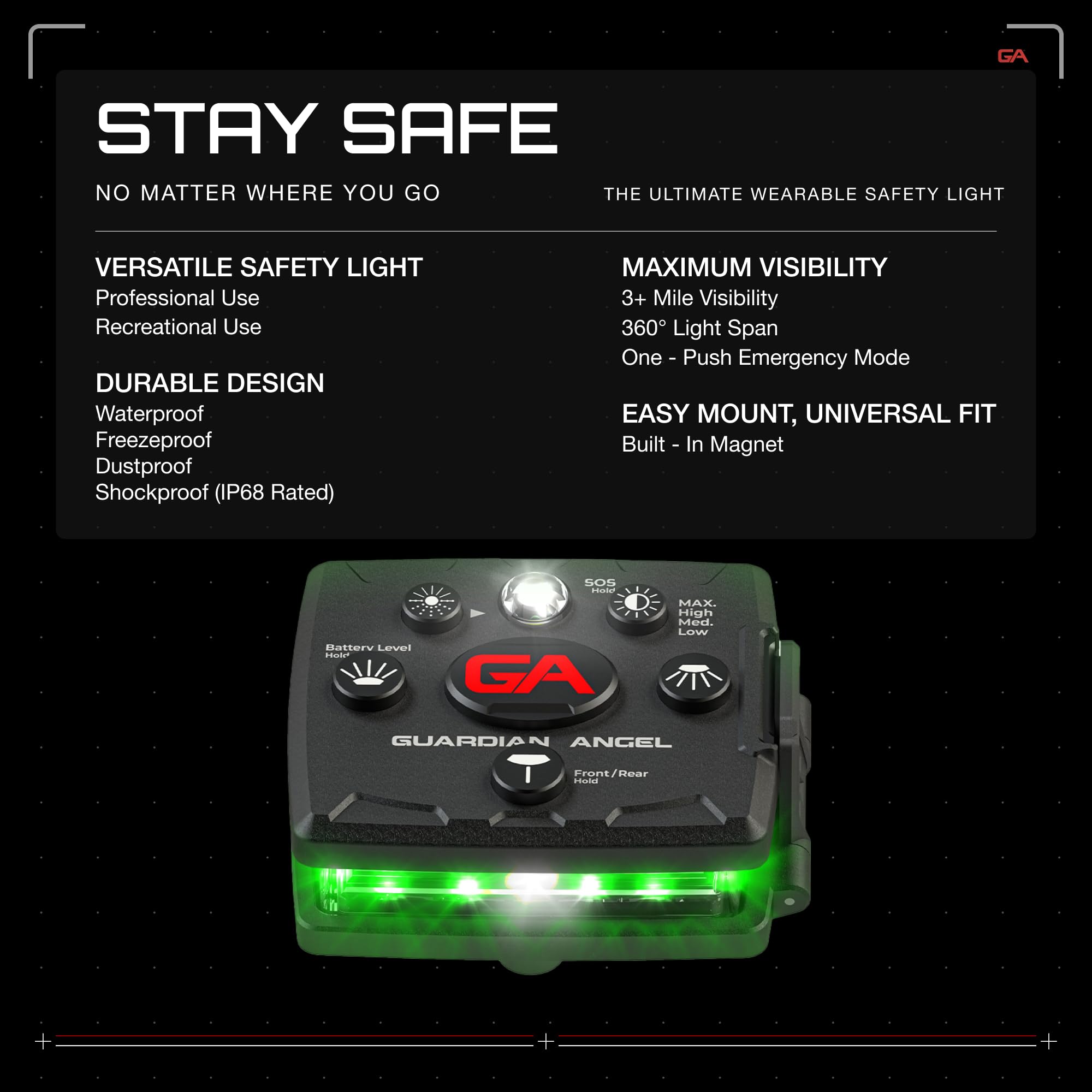 Guardian Angel Micro Series Safety Lights, Beacon Device (Green Front & Green Rear) | Rechargeable, Magnetic & Hands-Free Wearable Led Light For Dog Walking, Cycling, Camping & Kayaking