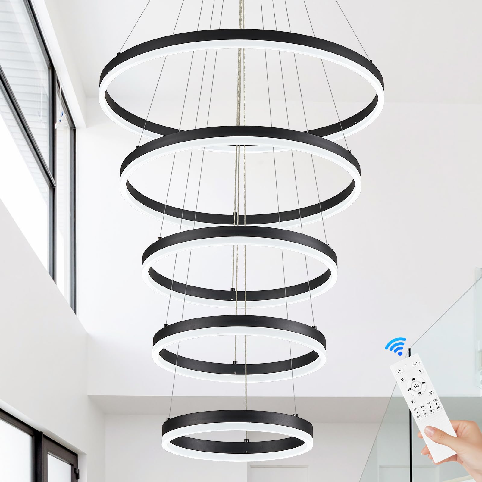 Sparklelf Modern LED Chandelier, Dimmable Black 5-Rings 23.6in, Remote Control, Model SE-P60S-5BDC1, for Foyer, Dining Room