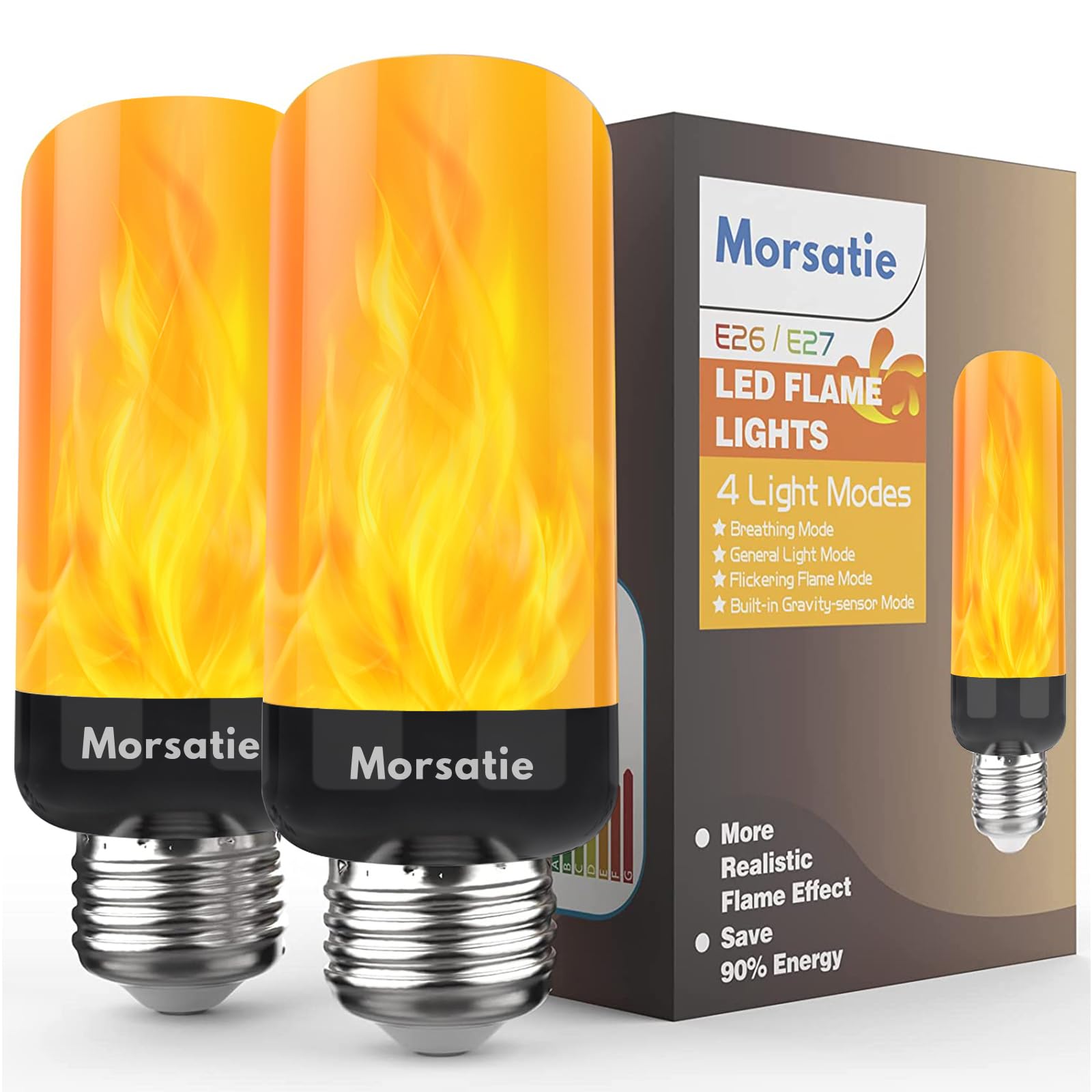 Morsatie ?Upgraded? Led Flame Light Bulbs, 4 Modes Flickering Light Bulbs With Gravity Sensor, E26 Fire Light Bulb For Halloween